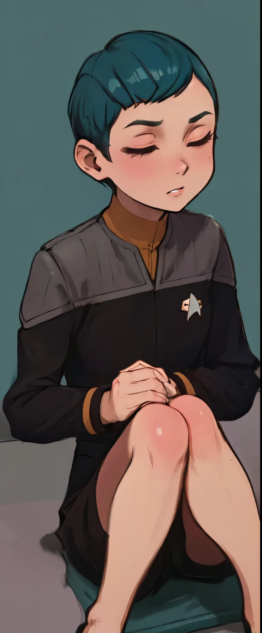 wallpaper best quality, masterpiece:1.2), anime aesthetic fullbody fullframe solo teen lesbian tomboy female frantic wildcut buzzcut hairstyle ds9st red and black uniform ds9st teal and black uniform ds9st yellow and black uniform ds9st command ds9st operations ds9st science closed eyes