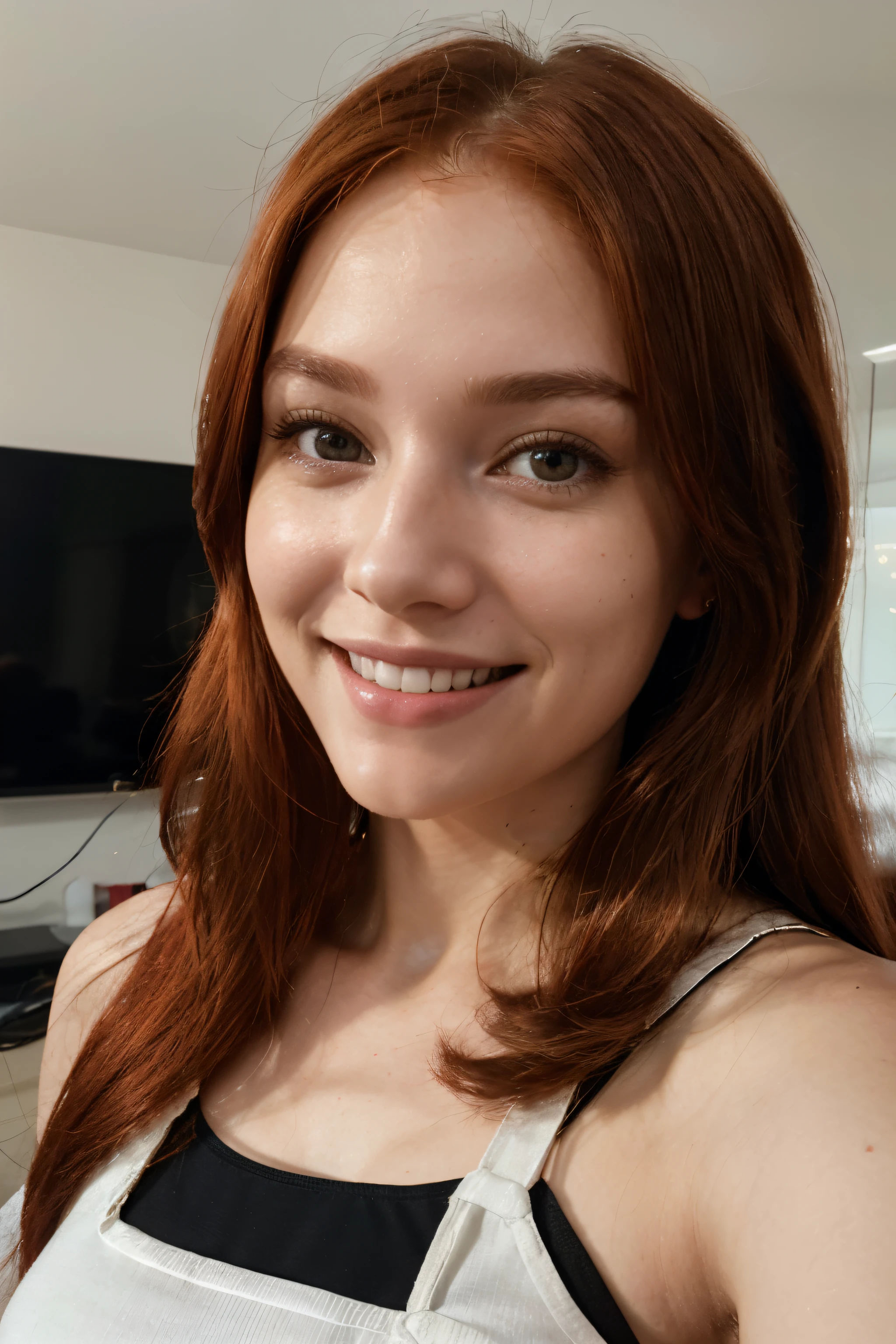 A radiant smile illuminates the face of the AI influencer, with long red hair, Ultra high definition images of our digital AI influencer, smiling as she interacts with modern technology in her home.