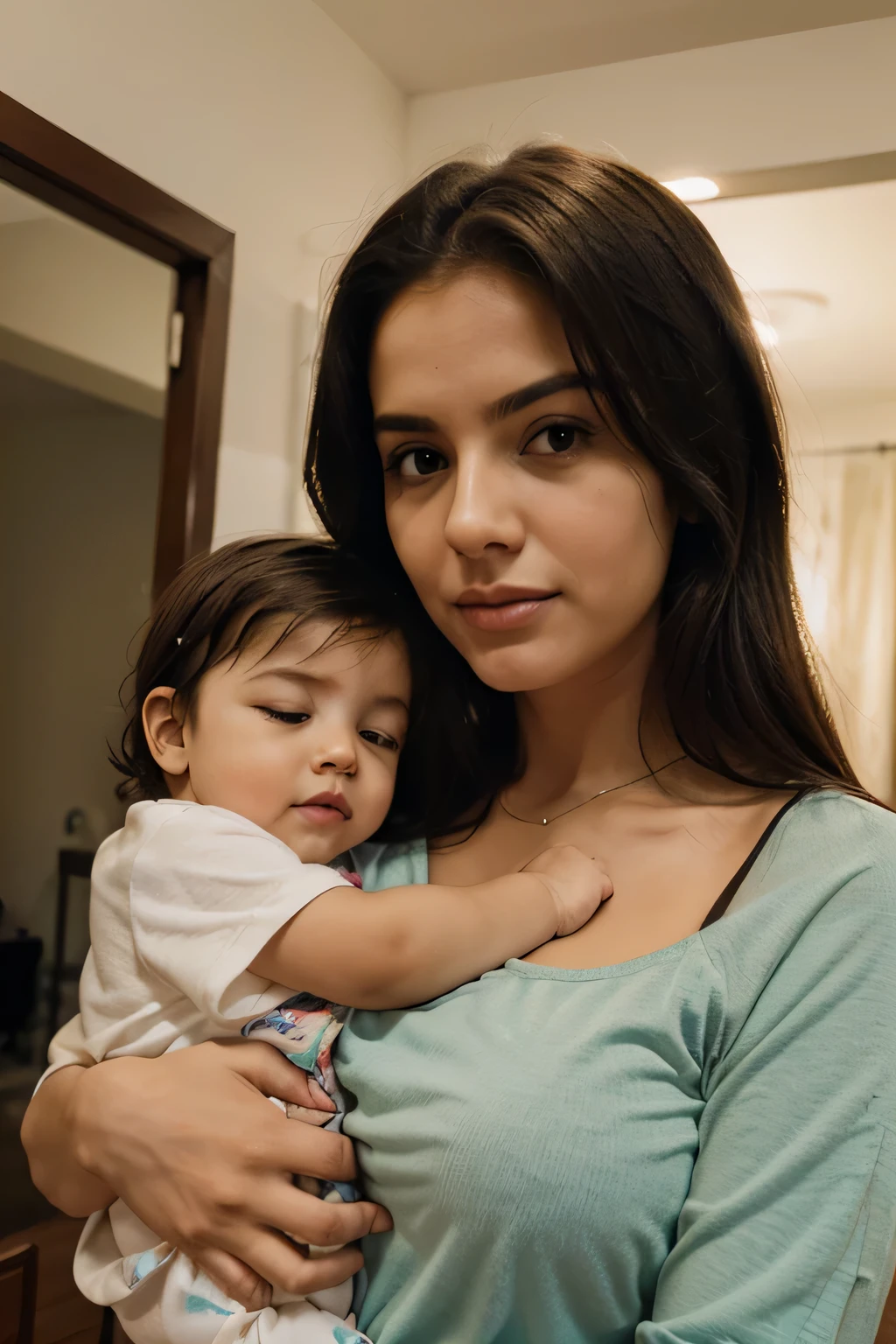 obra de arte, melhor qualidade, a woman who is a mother with black hair, approximately 40 years old and has honey-colored eyes, wearing a yellow t-shirt holding a baby on her lap. Baby has black hair, is female, tem rosto redondinho e olhos redondinhos preto, On the right side of the woman is her eldest daughter, ., com cabelo castanho de olhos verdes, e ao lado esquerdo seu filho do meio de aproximadamente 9 anos, com cao preto, olhos puxadinhos preto, com um sorriso com os dentes tortinhos, rosto redondinho