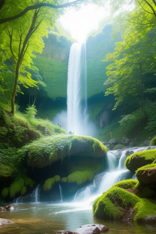 enchanted forest, Featuring vibrant flora and fauna, The magnificent Feiquan Waterfall pours down，Crystal clear pond,rock.Landscaping soft sunlight shines through the dome, Create a magical atmosphere, 