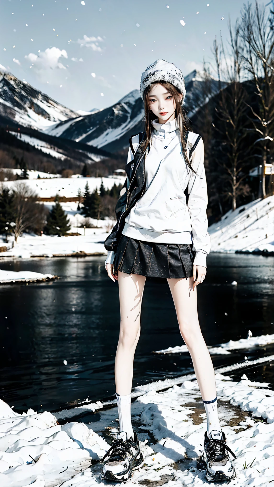 a very thin beautiful girl，16 years old，Height 167cm，Weight 39kg，Waist 52cm，Uniforms，Wear a waist-baring long-sleeved sweatshirt and miniskirt，White sports socks，sports shoes，With vest line，The legs are very thin，The skin is very white，outdoor，snow day