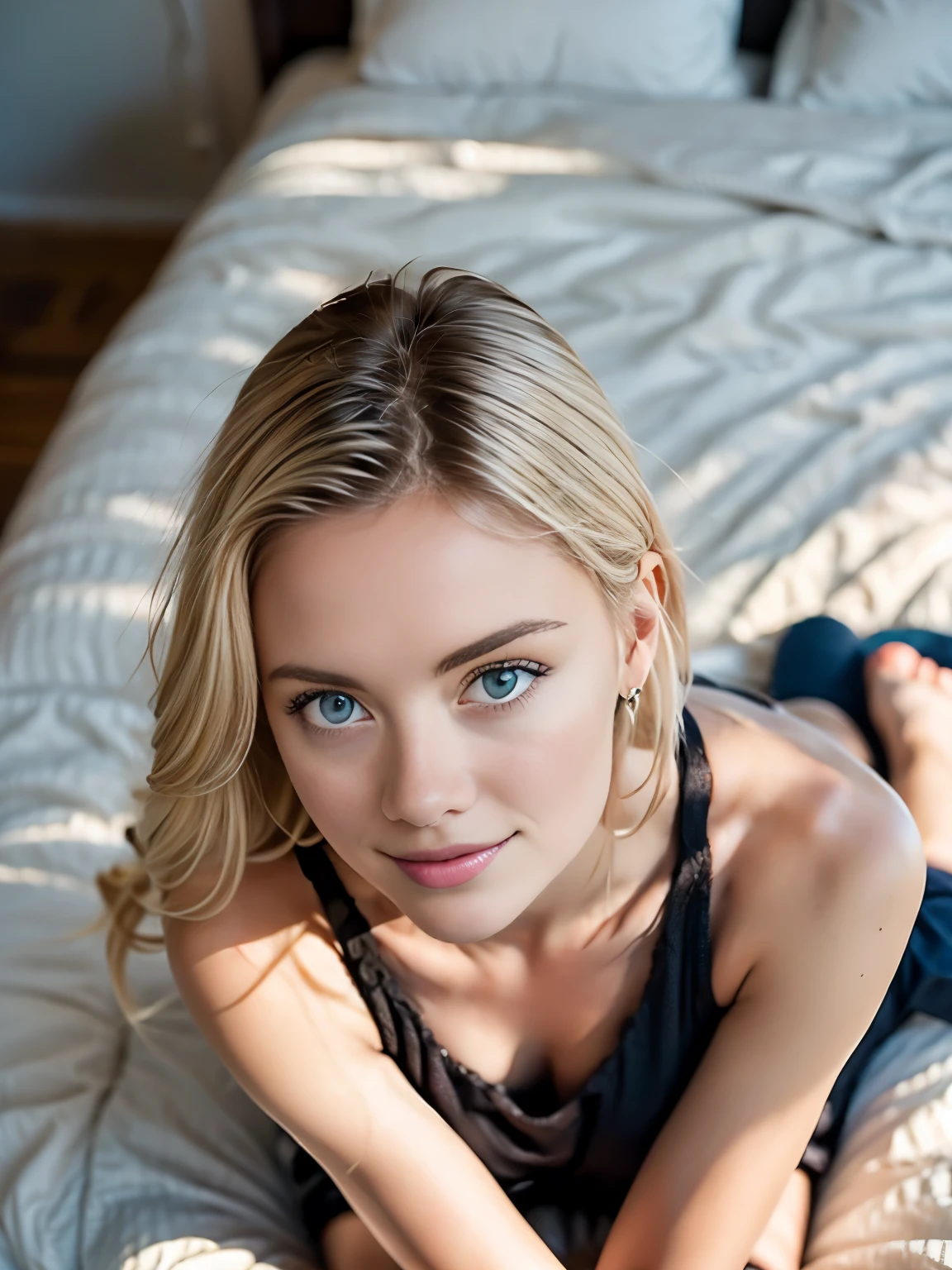 Summer77, Blonde woman laying on a bed with a pillow, wearing a t-shirt and shorts, shot from above, top shot, chilled out smirk on face, pretty face, depth of field, large room lighting, masterpiece, photo-realistic, super detail