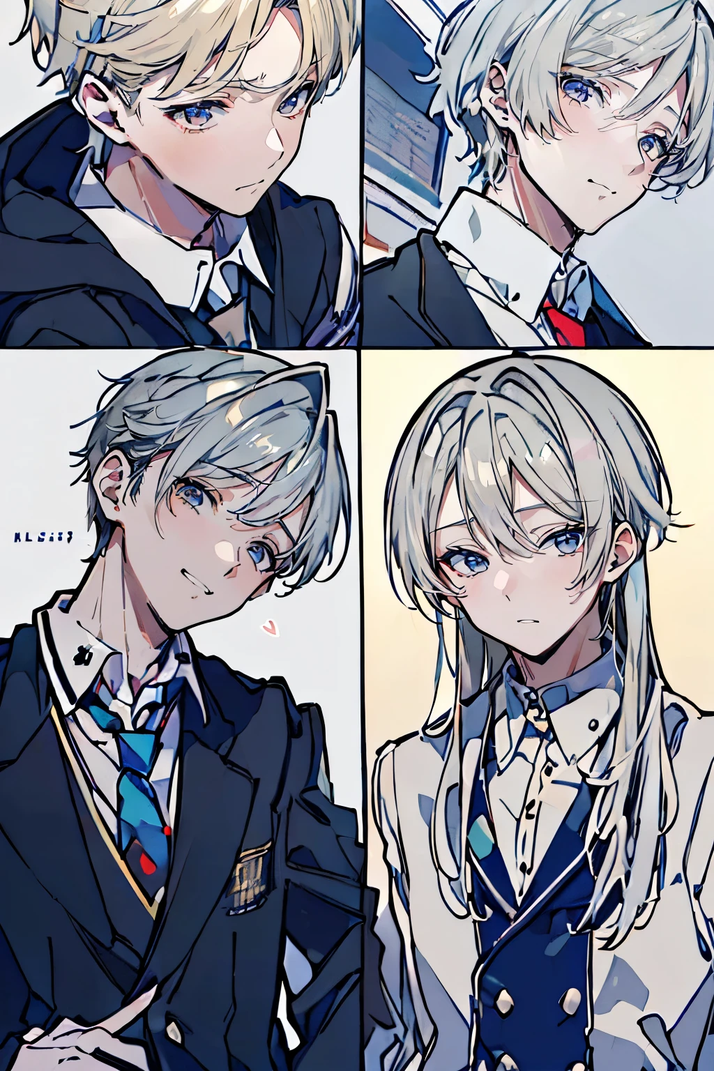 (muste piece), (best quality), very detailed, (((Two friendly high school boys:1.5))), perfect face, beautiful face, very detailed face，(silver haired man:1.3)，(blonde man:1.3)，School，classroom，student uniform，tie，shirt