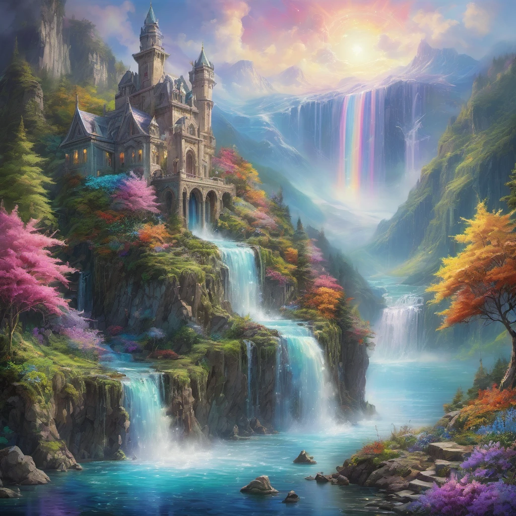 Waterfall, aesthetic, Gorgeous hyper-detailed Waterfall and Mountains with wildflower forest Castle - masterpiece creation by Amanda Sage, Pino Daeni, Wadim Kashin, Eldritch, photorealism, precisionism, hyperdetailed, beautiful, mysterious, hyperrealism, beautiful floating crystals, reflective rainbow colors, surrealism, incredibly detailed, iridescence, mystery, original, unusual, magical wisps