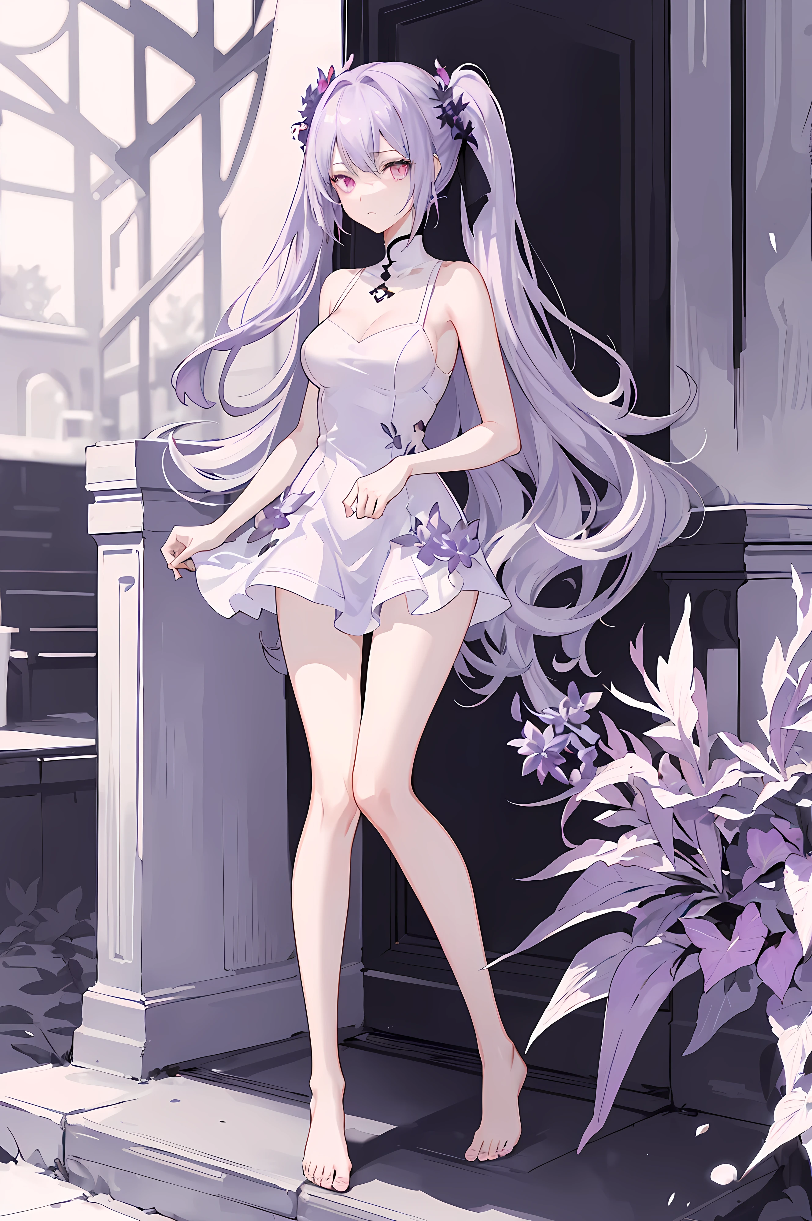 ((masterpiece:1.4, best quality))+, (Super detailed)+,(super detailed eyes)+,
(cute 1girl),15 years old,(scarlet eyes:1.15),silver hair, very long hair,messy hair,(Variza:1.2),Pale complexion,shut up,sad,
(She is wearing a lilac short dress:1.6),(Big breasts:1.2),(Off-white short dress:1.45),(lilac clothes:1.2),(skinny:1.4),
(despair:1.3),Gothic,
leaf,(vine tree:1.1),
(Silver moonshine:1.01),red,
(Heavy monochrome:1.16),(depth of field:1.4),(round, firm breasts),barefoot,float,water surface,(long legs,long legs,long legs,Gestalt),full-body shot。standing posture