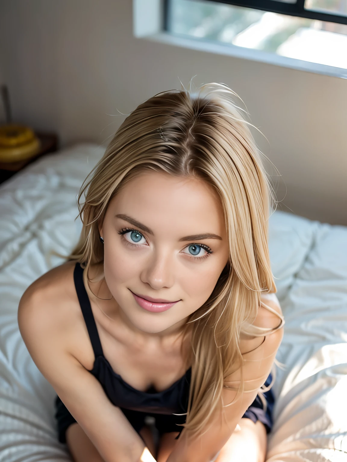 Summer77, Blonde woman laying on a bed with a pillow, wearing a t-shirt and shorts, shot from above, top shot, chilled out smirk on face, pretty face, depth of field, large room lighting, masterpiece, photo-realistic, super detail