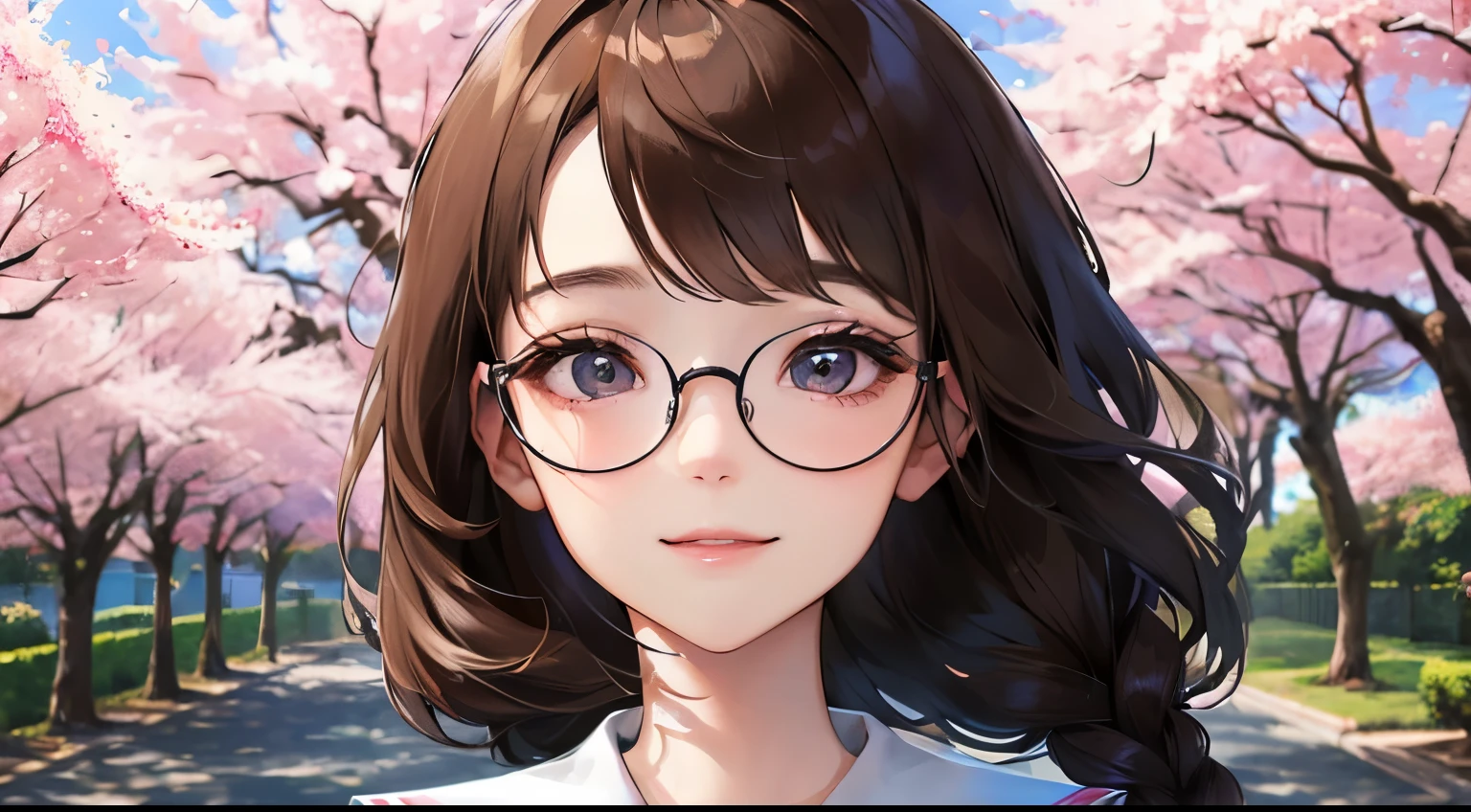 (((one girl)))、Masterpiece,best quality,  ((Looking up at the cherry blossoms in bud))), determined expression, upper body diagram、Glasses、((shy smile))、sailor suit、
(highest resolution、clear_image)、best quality、contrast of light and shadow、((illumination))、very detailed、semi-realistic、braided hairstyle、brown hair、bangs、15 years old、office　Lady,,young、((View from the front))、delicate facial features facial features、