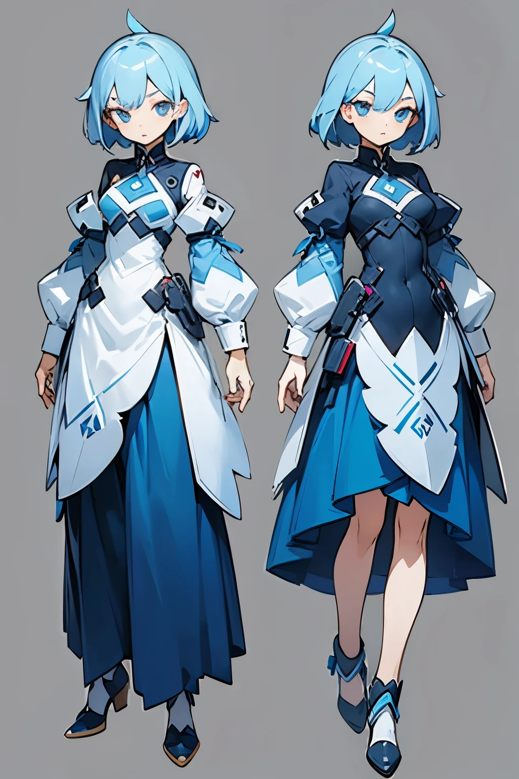 (character design), three-side-views, full body, body language, outfit, official art, girl, blue hair, clear eyes, clear segmentation