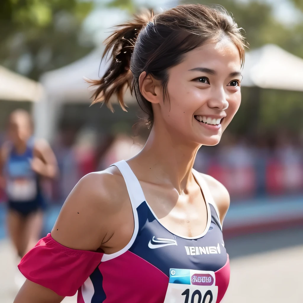 one japanese girl, (a beauty girl, delicate girl:1.3), (, Gal:1.3), (Red sportswear:1.2), Very fine grain definition, (Symmetrical black eyes:1.3), Looking into the camera, Big smile, Showing teeth, (Track Field View:1.2), Very small breasts, Brown short hair, girl, (Eye and facial details:1.5), (masterpiece, highest quality, Super detailed, Detailed face, 8k), Cowboy Shot From Below, Hunchback posture,whole body