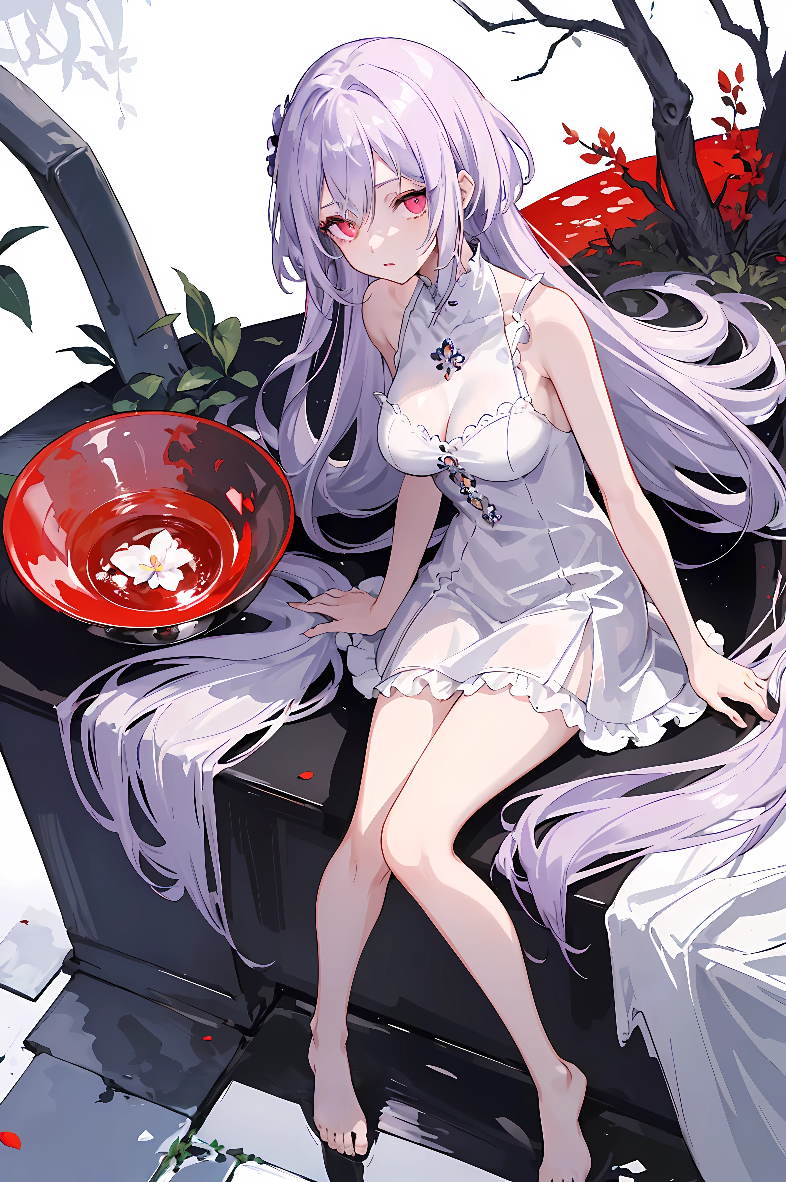 ((masterpiece:1.4, best quality))+, (Super detailed)+,(super detailed eyes)+,
(cute 1girl),************,(scarlet eyes:1.15),silver hair, very long hair,messy hair,(Variza:1.2),Pale complexion,shut up,sad,
(She is wearing a lilac short dress:1.5),(Big breasts:1.2),(Off-white short dress:1.4),(lilac clothes:1.2),(skinny:1.4),
(despair:1.3),Gothic,
leaf,(vine tree:1.1),
(Silver moonshine:1.01),red,
(Heavy monochrome:1.16),(depth of field:1.4),（round, firm breasts），barefoot，float，water surface，（long legs，long legs，long legs，Gestalt），full-body shot。standing posture