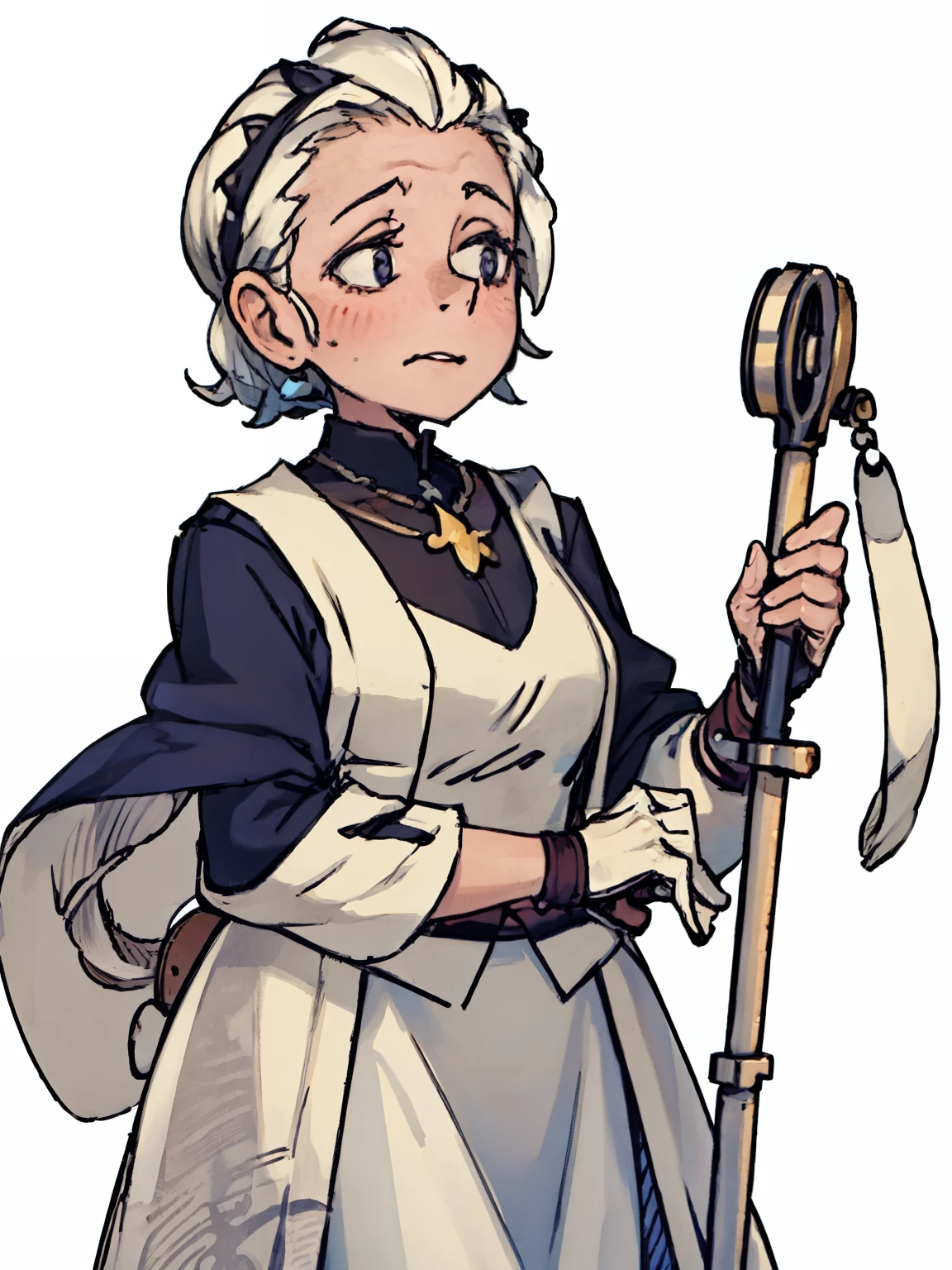 ((An old grandmother ,70 years old,wrinkle)),front,Half body,Blue ancient costume,crutch,Different world,middle Ages,White background