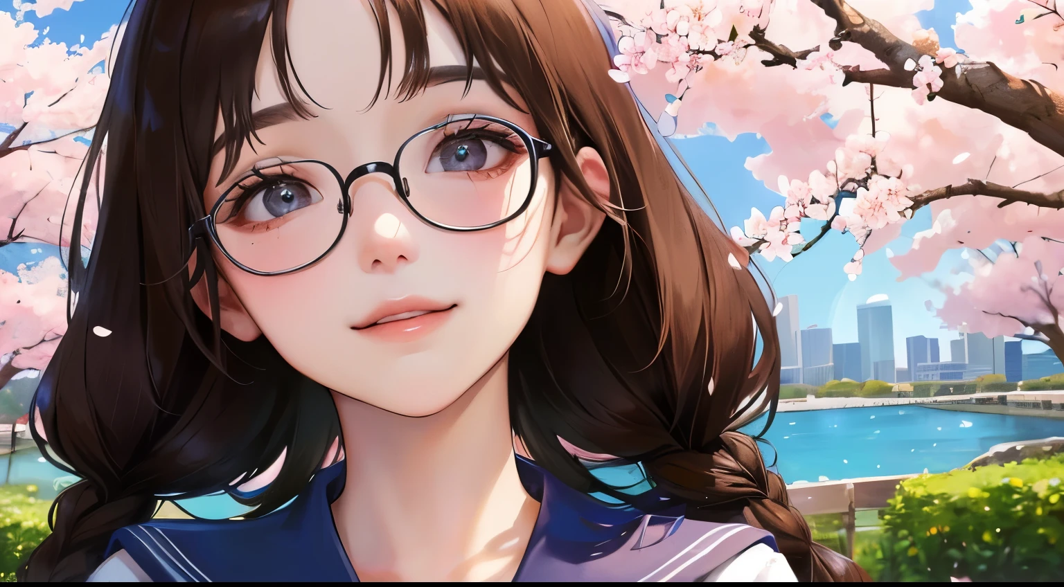 (((1 woman)))、Masterpiece,best quality, ((Looking up at the cherry blossoms in bud))), determined expression, upper body diagram、Glasses、((shy smile))、sailor suit、
(highest resolution、clear_image)、best quality、contrast of light and shadow、((illumination))、very detailed、semi-realistic、braided hairstyle、brown hair、bangs、、office Lady,,young、((View from the front))、delicate facial features facial features、