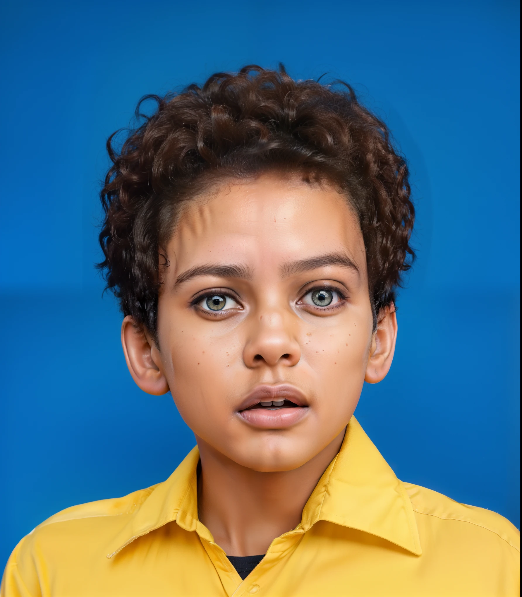 a shocked boy, afroamerican boy, black skin boy, perfect skin, 4k, satin skin with natural texture, ultra realistic hyper realistic body skin texture ultra realistic a boy with the emotion of fear with an open mouth, with brown curly hair , light  high resolution, rim light detailed digital art, reflective, best quality, 4k, masterpiece:1.2, ultra-detailed, realistic, vivid colors, dark and moody lighting, The image of the highest quality, ensuring every detail showcased perfectly. It in 4k resolution, allowing viewers to immerse themselves in the richness of the colors and intricate details. The realistic rendering. under the spotlight, reflecting, high-resolution image, realistic rendering, dark background, and rim light