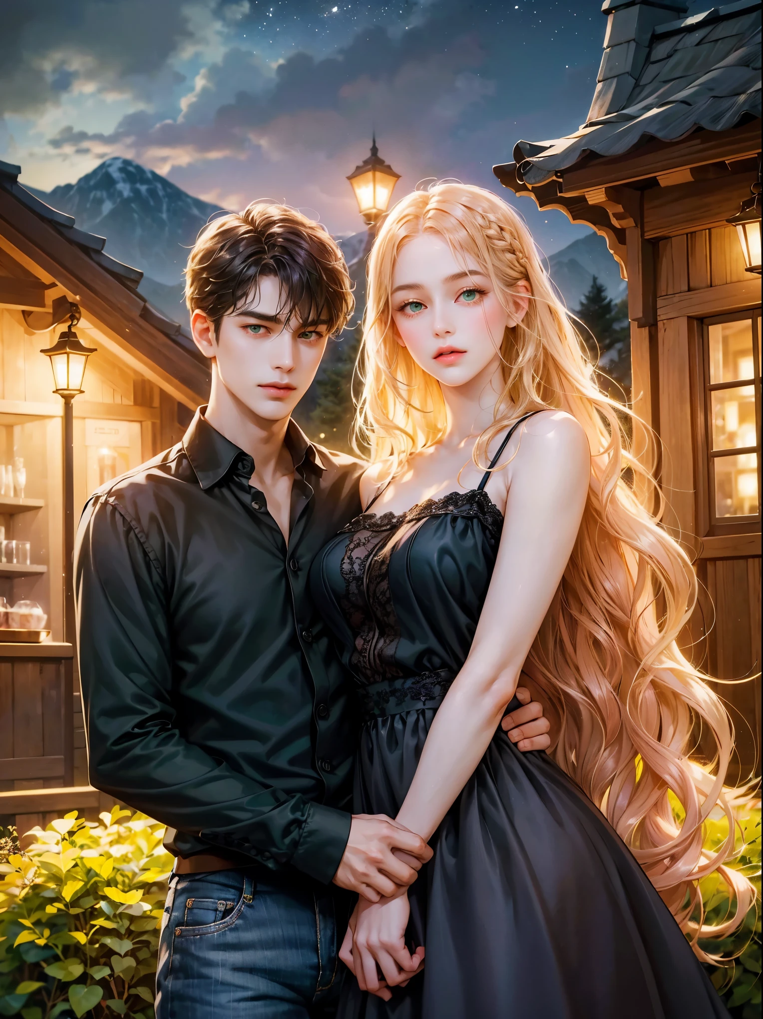 Couple, 1 girl 1 boy, different hair color, long blonde wavy hair no bangs and grey eyes, pink sundress, short black hair and (green eyes) , Black shirt open and jeans, height different, detailed eyes, looking the viewer. Full figure. Background mountain chalet at night