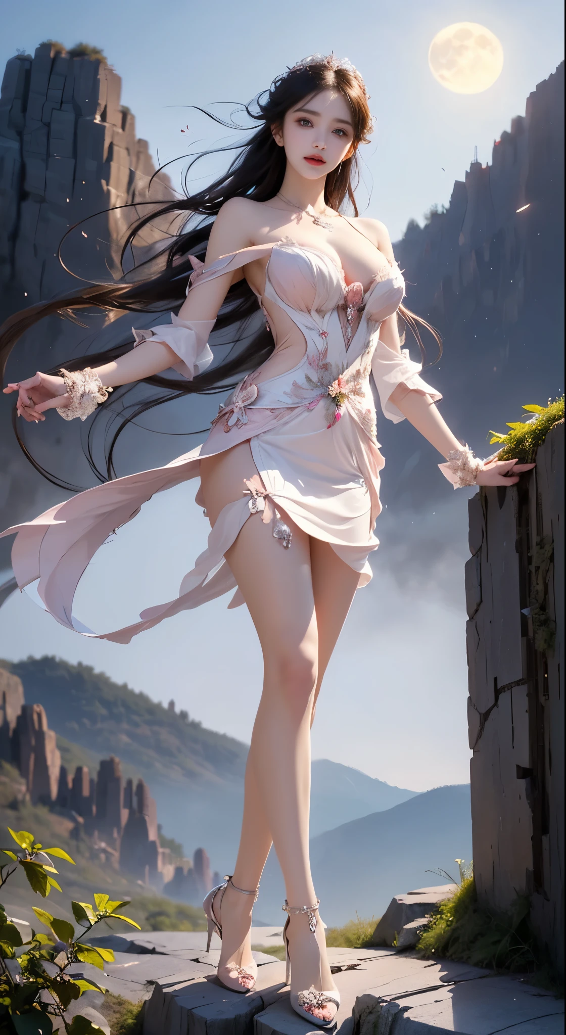 ((bare shoulders)), ((whole body)), actual, fashion girl, red lips, mature women, cosmetics, big eyes, beautiful eyes, ((whole body)), ((from below)), (best quality, masterpiece:1.2), Super detailed, (actual:1.37), ((Sexy long legs)), beautiful, young and energetic, Charming model with, big breasts, cleavage, (delicate eyes, Detailed lips, extremely delicate eyes), show a bright smile, Create stunning girl images, Warm colors, Extremely high color saturation, official art, Extremely detailed CG unified 8k wallpaper,(high dynamic range :1.4), (cinematic),(pastel colors, dull color, soothing tone :1.3), (natural skin texture, ultra-actual, soft light, sharp),(Very detailed), night, moonlight, ((in the mountains, plant, Leaning against the rocks))