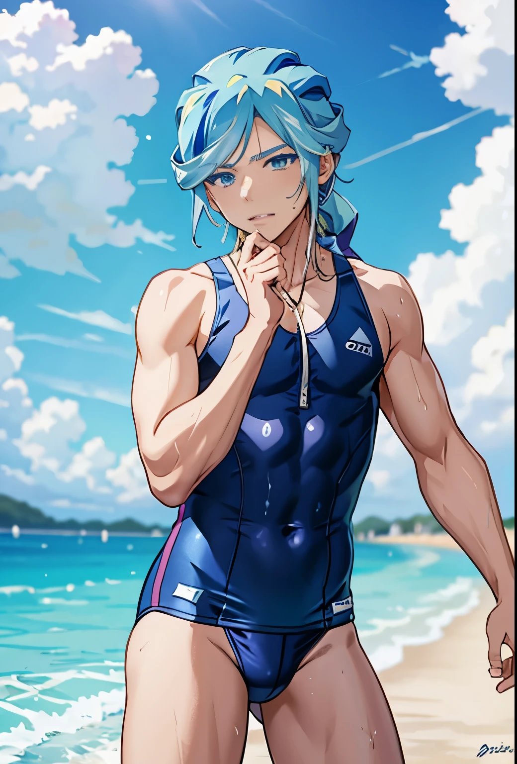 anime boy in a lightblue and purple swimsuit on the beach waving、Boy with long green hair、blue eyed boy、Braid、is wearing a swimsuit、ワンピースswimsuit、clothing:ハイカットswimsuit、swimsuit、A boy wearing a light blue and purple tank suit、ワンピースswimsuit着用、wet swimsuit、Light blue and purple high-leg racing swimwear、競泳swimsuit、Light blue and purple high-leg racing swimsuit、(anime boy)、on the beach、cute boy wearing tank suit、水泳競技用swimsuit、cute anime boy、cool boy wearing competition swimsuit、 cool anime boy、in the sea、pretty anime boy、anime moe art style、Smooth anime CG art、Also、best anime boy、naughty anime style、!!full body portrait!!、beautiful charming anime 、
