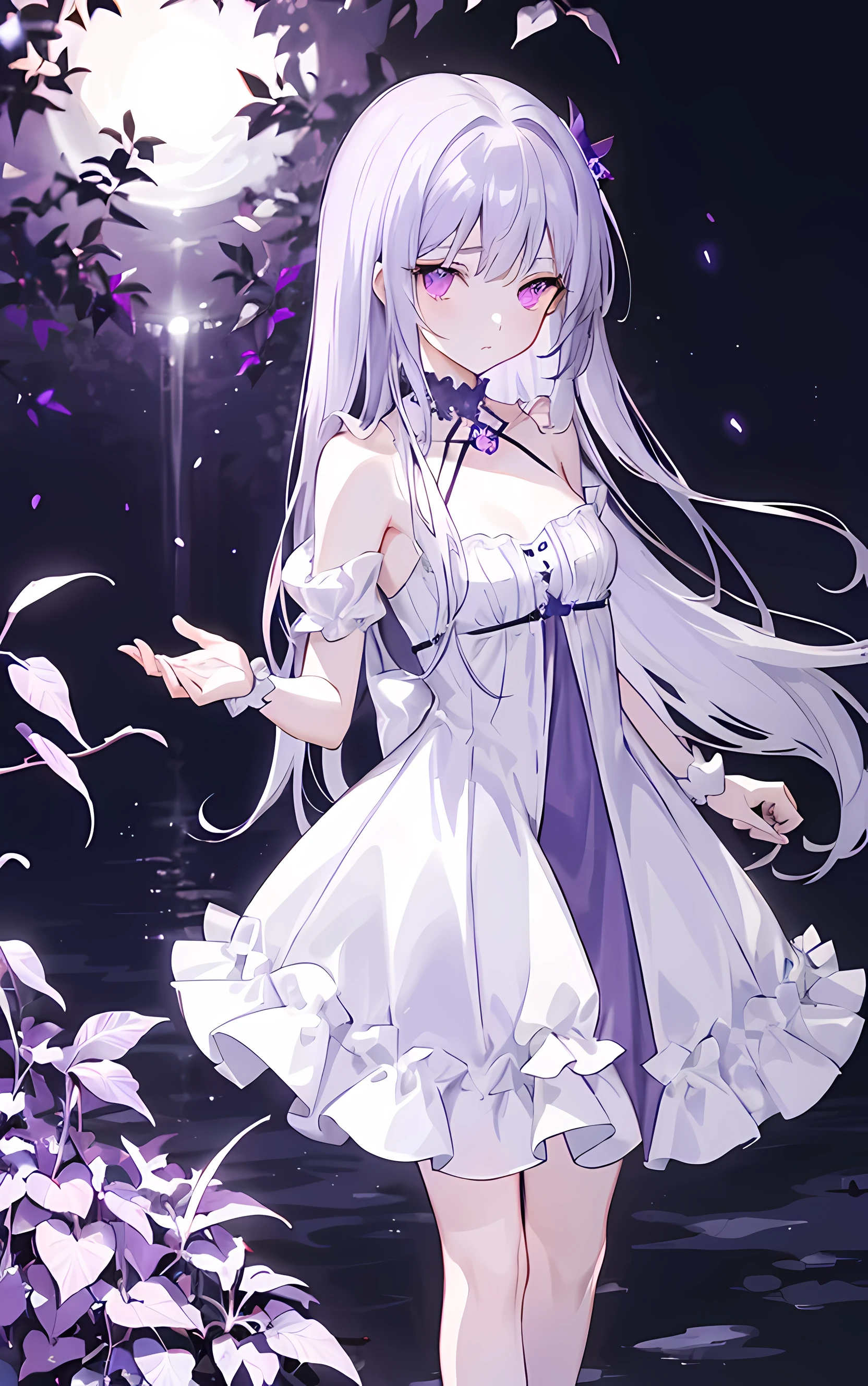 ((masterpiece:1.4, best quality))+, (Super detailed)+,(super detailed eyes)+,
(cute 1girl),15 years old,(scarlet eyes:1.15),silver hair, very long hair,messy hair,(Variza:1.2),Pale complexion,shut up,sad,
(She is wearing a violet dress:1.5),(flat chest:1.2),(Off-white dress:1.4),(Violet clothes:1.2),(skinny:1.4),
(despair:1.3),Gothic,
leaf,(vine tree:1.1),
(Silver moonshine:1.2),red,
(Heavy monochrome:1.16),(depth of field:1.4),standing posture