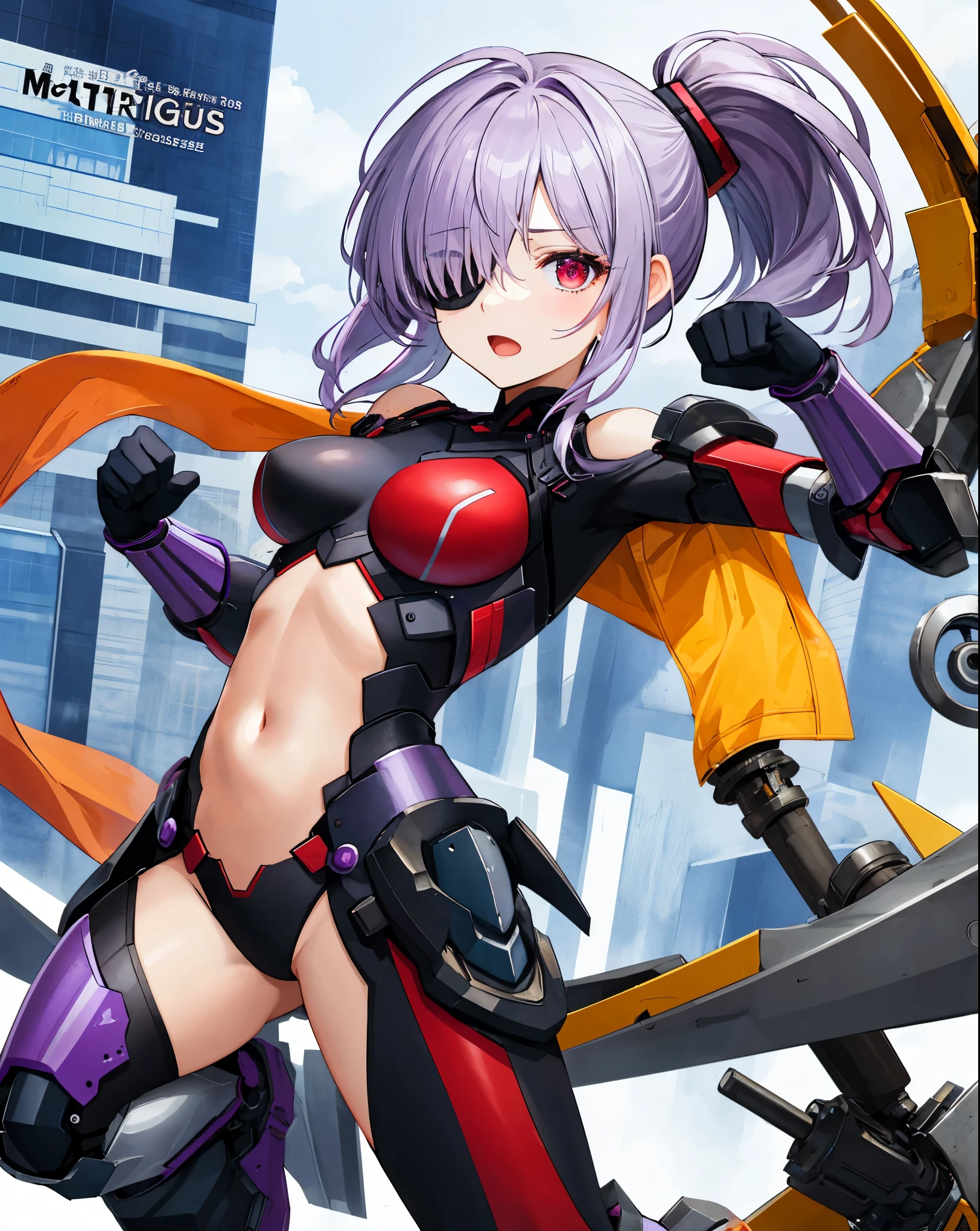 ,1girl,(:1.5), (short_ponytail:1.3), (light_whitish_purple_hair:1.3),black_mechanical_armor_parts,white_breasts_parts_red_black_body_suit,bare_shoulder,bare_slender_thighs,medium_breasts,city_background,Stinging_eyes,sleepy,thighhigh_greaves,gauntlets,dynamic_posing,bare_frank,metal_red_parts_armor,red_eye,solo,
fists,hold_weapon,glare,navel,large_mechanical_parts,happy,waist_armor,open_mouth,rise_legs,apart_legs, (covered_navel:1.3),(very_long_bangs:1.3), (hair_over_one_eye:1.5),(long_bang_covers_right_half_of_face:1.5),
(covered_pussy:1.1),covered_breasts,fighting,