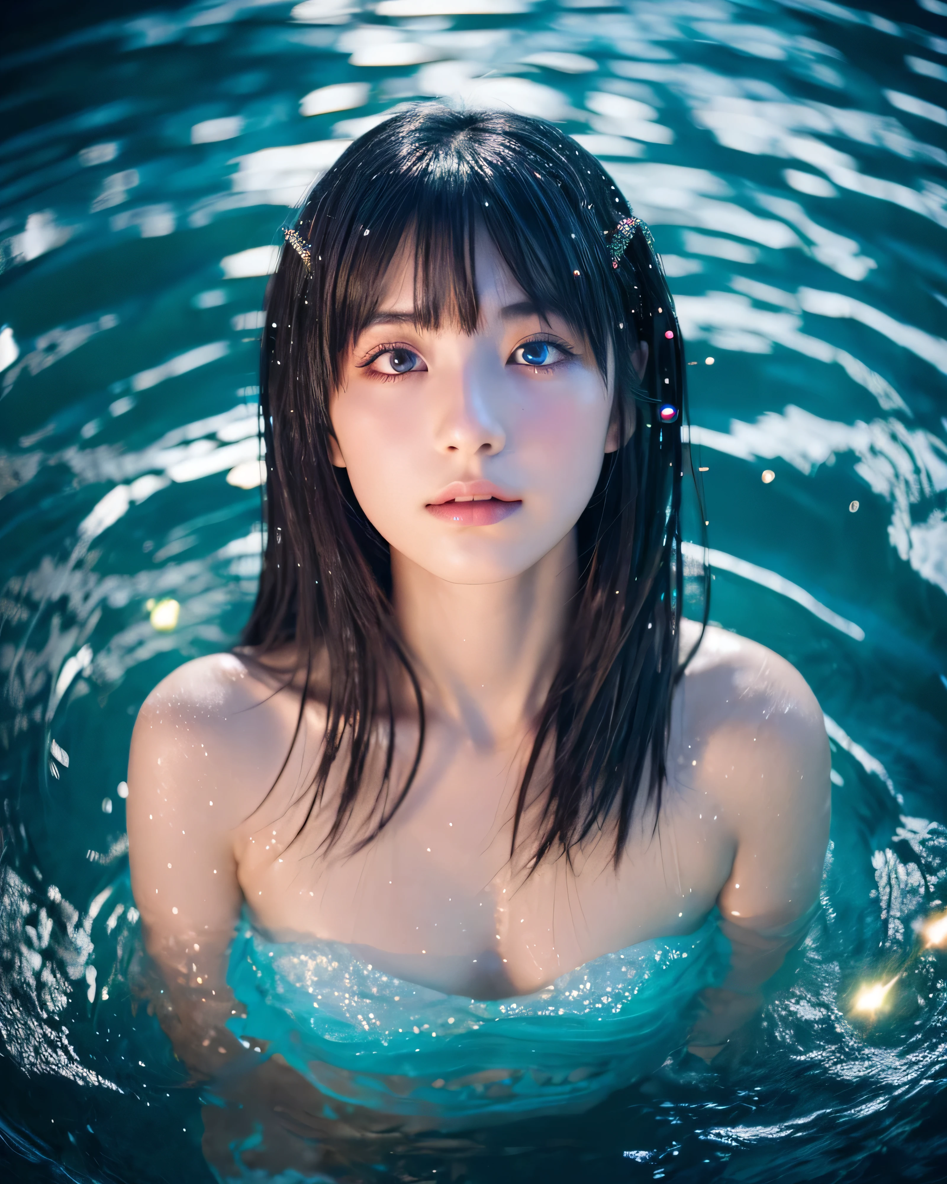 (highest quality, 8k, High resolution, masterpiece:1.2, unrealistic), beautiful japanese girl, 18-year-old, close up shot, Getting naked in the pool, Crystal clear blue pool, (above the water level above the chest:1.3), upper grade, gentle smile, (Hair that shines like the starry sky:1.6), Super Long Straight Silk Hair, asymmetrical bangs, big magic eyes, 星空のようにキラキラ輝くHigh resolutionの瞳, smooth soft skin, High resolutionの完璧な鎖骨, High resolutionの美しい胸元, soft big breasts, blue night, The water surface shines colorfully, illumination, colorful lights, sparkling light effect, professional lighting, professional photographer