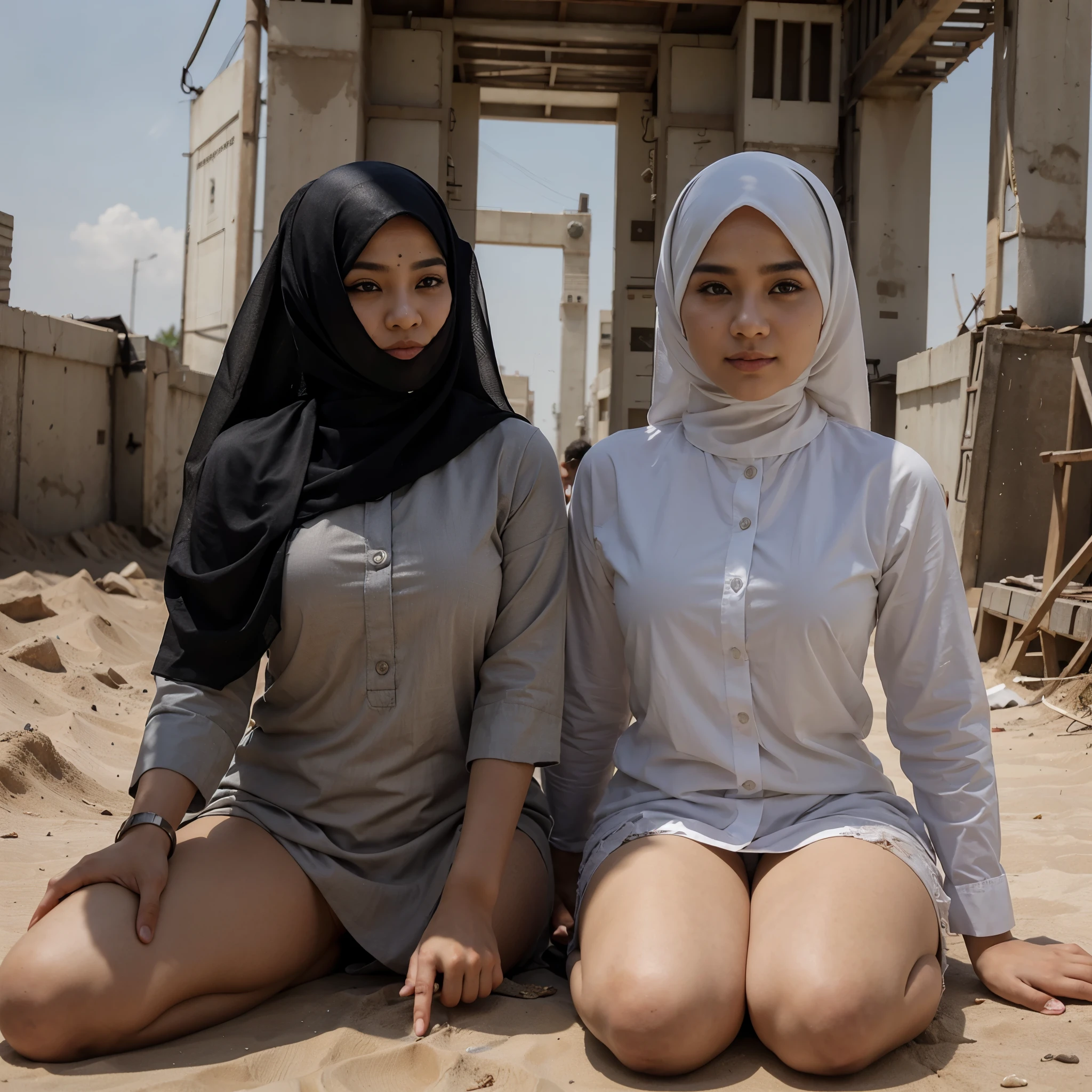 2 girls, wear hijab, flat chested, naked, walking on a beach, hands holding each other, happy smile, low angle, full body photo, 