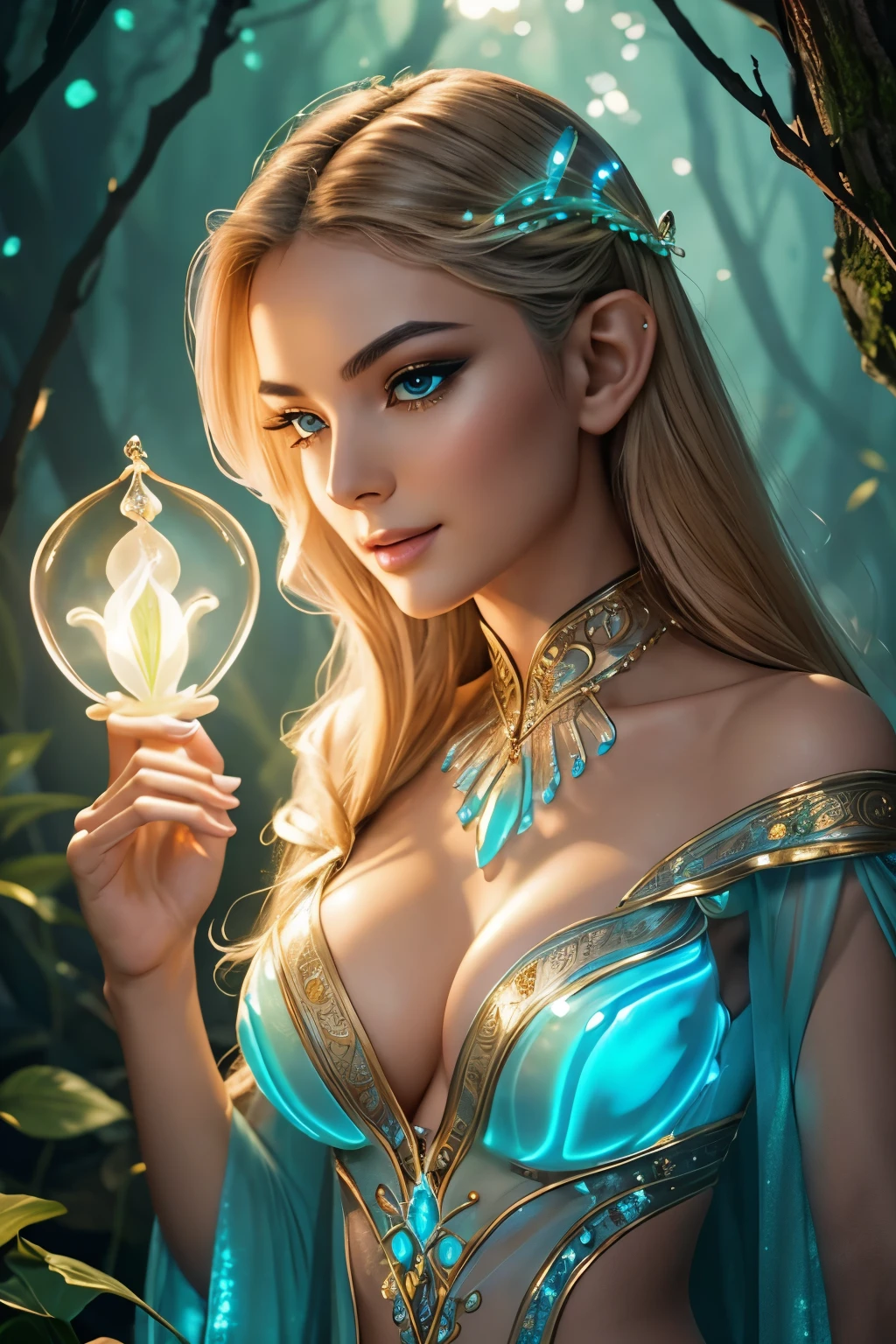 Masterpiece illustration, very detailed face, an immortal elf with timeless beauty, long elegant slim face, defined cheekbones, stunning and beautiful smile, detailed eyeliner and eyeshadow, elegant light hair, enchanting and elegant, detailed full cleavage, very sexy and slim figure, elegantly sexy, ((sexy Bioluminescence magical clothes)), in a vibrant magical forest, ambient magical light, rim light,