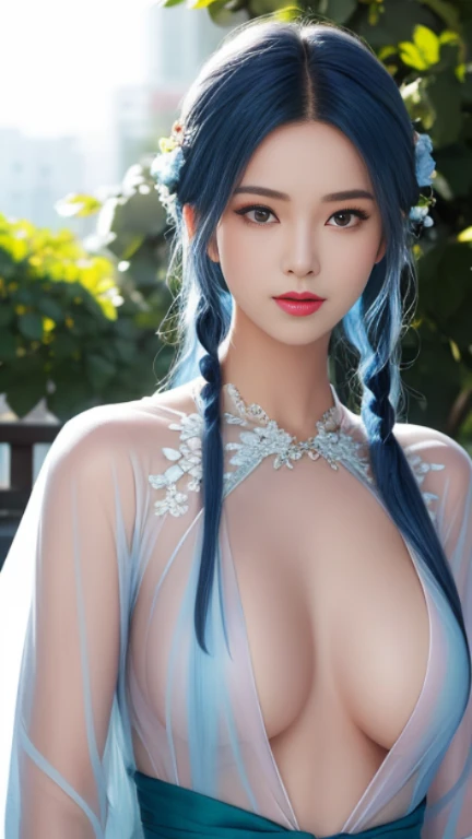(hyper-realistic), (figure), (High resolution), (8k), (very detailed), (最佳figure), (beautiful and delicate eyes), (highest quality), (Super detailed), (masterpiece), (wallpaper), (lifelike), (Natural light), (edge light), (detailed face), (高度细致lifelike皮肤纹理), (anatomically correct), (alone), (1 girl), (高细节lifelike头发), (blue hair:1.2), spiky hair, (unusual eyes), (detailed green eyes), (I have a small mole under my eye), (realistic:1.5), (naked chest:1.3), (long legs), (slim abs), (dynamic pose), (please keep your mouth shut:1.3), (Traditional Hanfu), (transparent clothes:1.5), national foundation,show your chest,show your chest,expose her breasts,Huge ,Huge breasts,expose her breasts,Huge breasts,