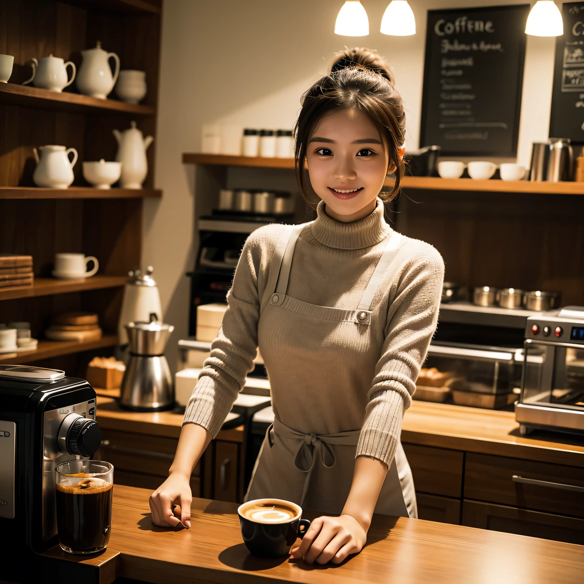 generate img 
 TYPE : Beauty Photography
THEME : Natural
RACE : Indonesian, young
PERSON 1 : Early 20s, woman
SCENE : indoor,in a coffee shop is mixing coffee , wearing turtleneck sweater and apron, smile, make, creating and beauty atmosphere, ponytail hair
PROPS: complete decoration of the coffee shop , apron
CAMERA : photographed using an Canon eos 90d DSLR camera with 18-135mm lens
, best preset lighting , skin texture , detailed face , 
ANGLE : High Dynamic Range (HDR) shot , rule of third