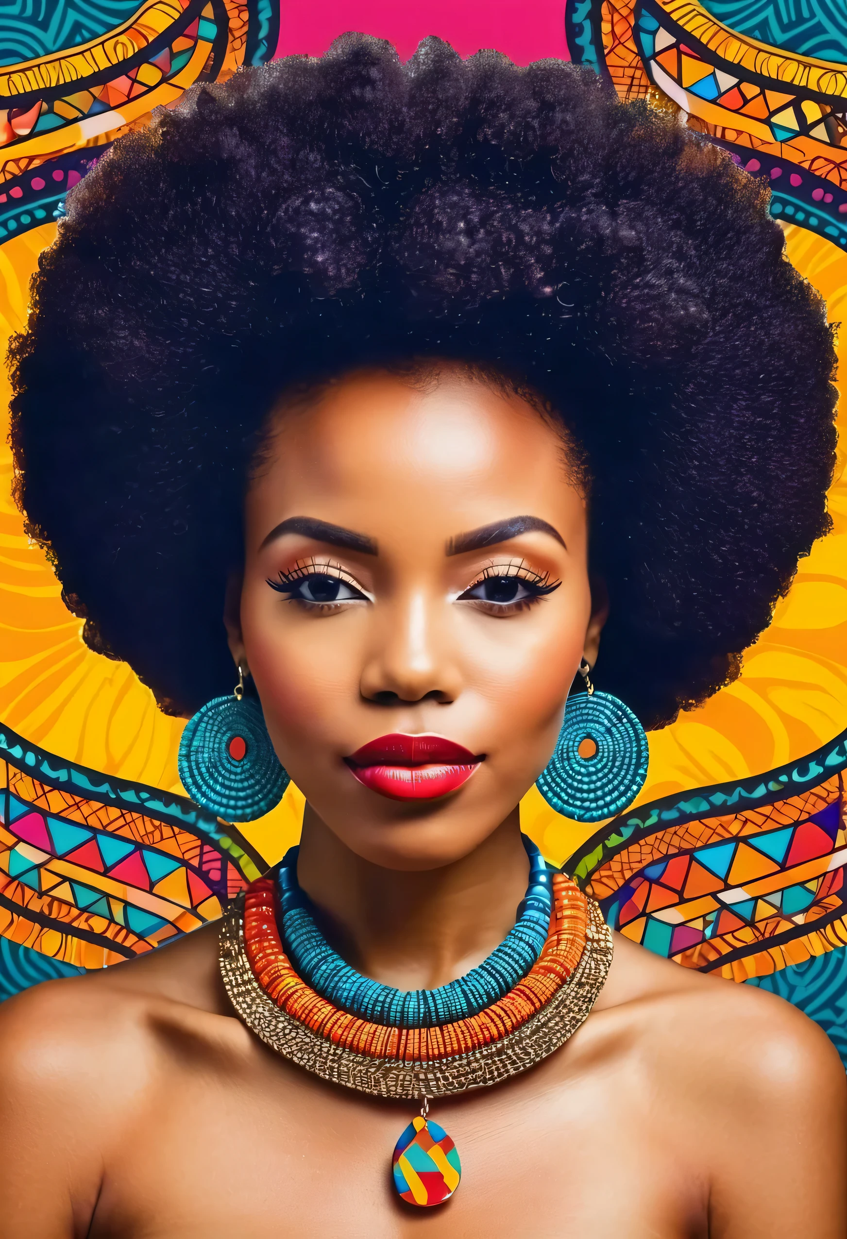 
portrait of a afro woman with necklace, patterned image, colorful background with pattern, poster