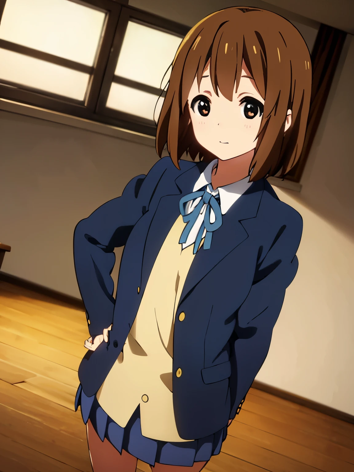 1girl, (((​masterpiece))),(((full body))), top-quality, top-quality, High Details, Hirasawa Yui, 1girl, Sakuragaoka High School Uniform, student clothes, two yellow hairpin, short hair, A brown-haired, brown-eyed, glasses, solo, reddish, Dark blue blazer with thin blue ribbon, Solid white buttoned shirt under blazer, read a book, illustratio, comic strip, soothing tones, Subdued Color, Soft cinematic light, adobe lightroom, photolab, HDR, intricately and hyper-detailed、(((depth of fields))))。(((​masterpiece)))。(((top-quality))).)((ultra-detailliert)))。(((illustratio)))。(((takeout))).dynamic focus.big breasts.(((school))).(((A classroom))).(((Face of happiness))). Smile mouth.(((put hands on the hip))).(((up chest))).((afternoon glow)).((the setting sun)).