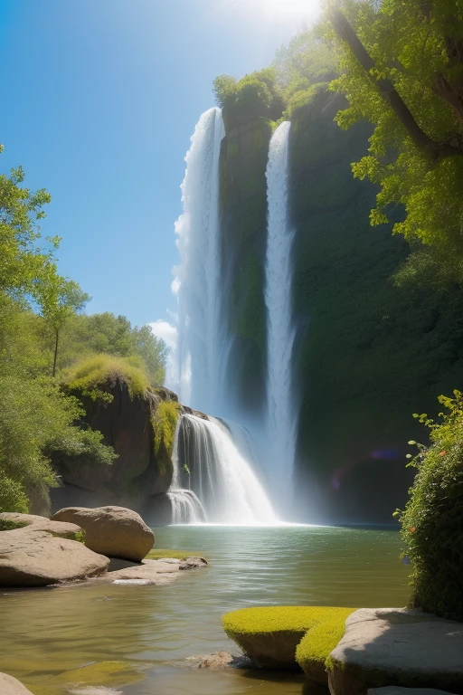 Close-up waterfall.Utopia&#39;s modern architecture and Zen-like landscaping.Lotus blooming in the pond, The magnificent Feiquan Waterfall pours down，Crystal clear pond,rock.Landscaping soft sunlight shines through the dome, Create a comfortable atmosphere, Ray tracing, Vignetting, Wide-angle lens, super wide angle, best qualitycinematic lighting, depth of field, outside border, negative space, letterboxed zen aesthetic, Zen, Zen meditation, Soft Zen Simplicity,(best quality,4k,8k,high resolution,masterpiece:1.2),Super detailed,(actual,photoactual,photo-actual:1.37),anatomically correct...