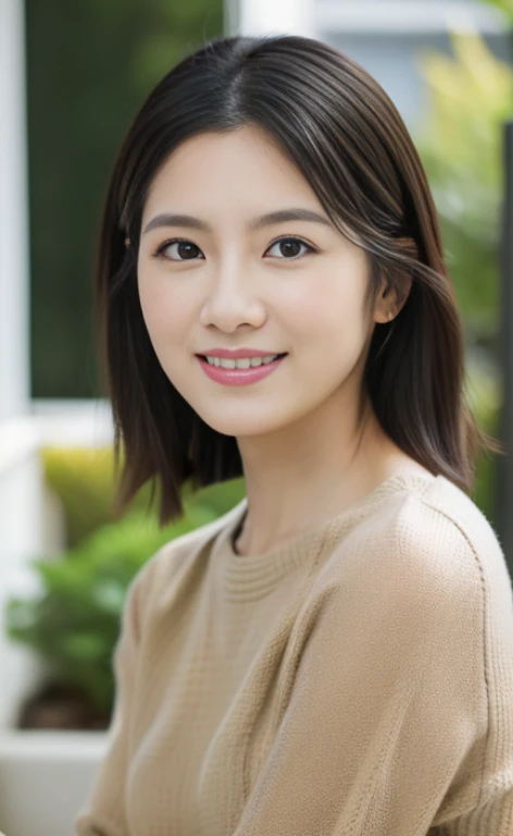 Portrait、8k、high quality、realistic photo images、24-years-old、japanese woman、neat wife、、housewife、Reproduces natural and realistic eyes、japanese stand、beautiful black hair、short hair、light makeup、octane rendering、beautiful lighting、composition of golden ratio、laughter、everyday wear、casual clothes、natural background、blurred background、High level image quality、Pure Japanese humanity、beautiful wife、Upper body、light makeup、No makeup、pure beauty、plain clothes、grey、beige、green、Plain color、casual clothes、slight smile、small black eyes、background bokeh