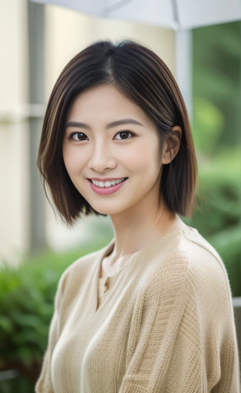 Portrait、8k、high quality、realistic photo images、24-years-old、japanese woman、neat wife、、housewife、Reproduces natural and realistic eyes、japanese stand、beautiful black hair、short hair、light makeup、octane rendering、beautiful lighting、composition of golden ratio、laughter、everyday wear、casual clothes、natural background、blurred background、High level image quality、Pure Japanese humanity、beautiful wife、Upper body、light makeup、No makeup、pure beauty、plain clothes、grey、beige、green、Plain color、casual clothes、slight smile、small black eyes、background bokeh