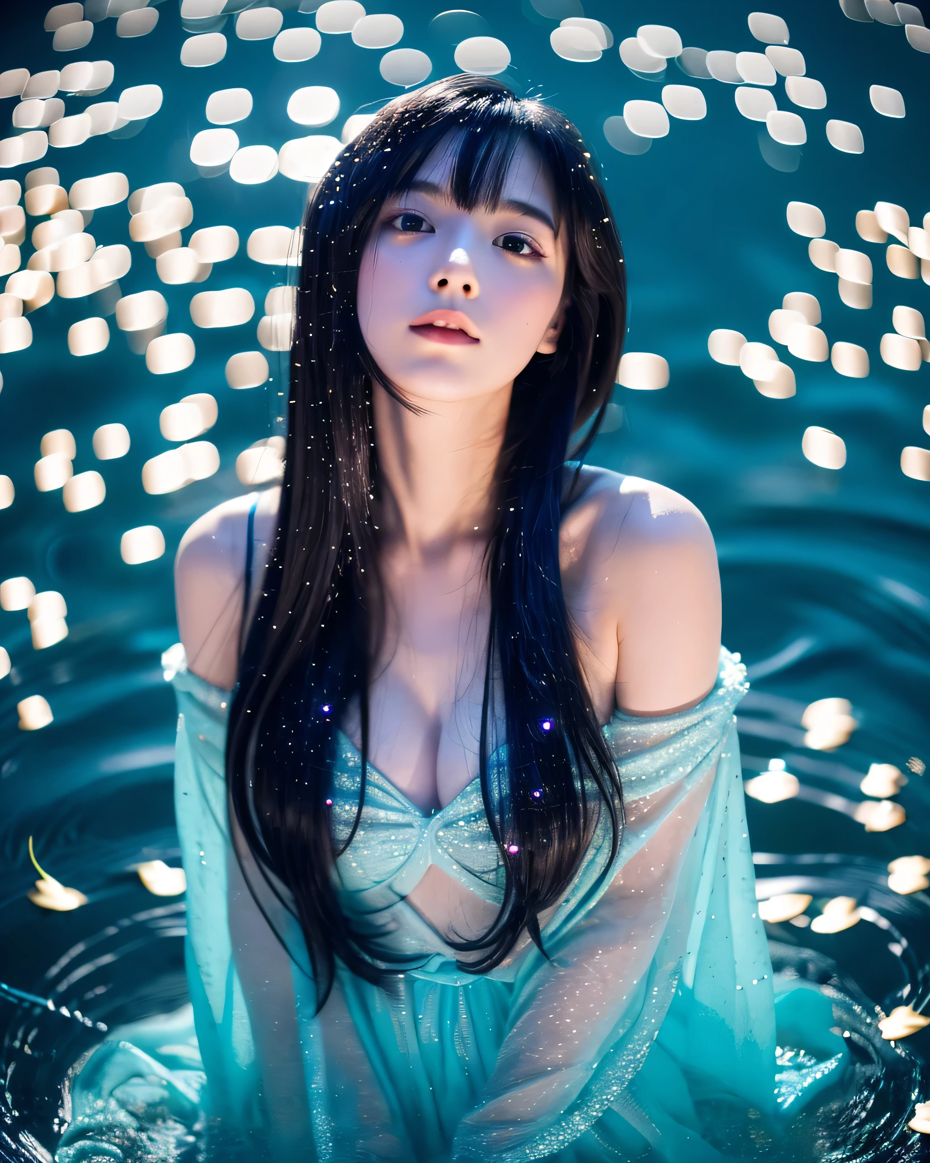 (highest quality, 8K, High resolution, masterpiece:1.2, unrealistic), beautiful japanese girl, 18-year-old, close up shot, Naked in the pool, (Above the water surface above the chest:1.3), Lonely profile, look up at the sky, (Hair that sparkles like the starry sky:1.5), Super Long Straight Silk Hair, asymmetrical bangs, big magical eyes, High resolution eyes that sparkle like a starry sky, smooth soft skin, High resolutionの完璧な鎖骨, High resolutionの美しい胸元, Soft big breasts, blue night, The water surface shines colorfully, illumination, colorful lights, sparkling light effect, professional lighting, professional photographer