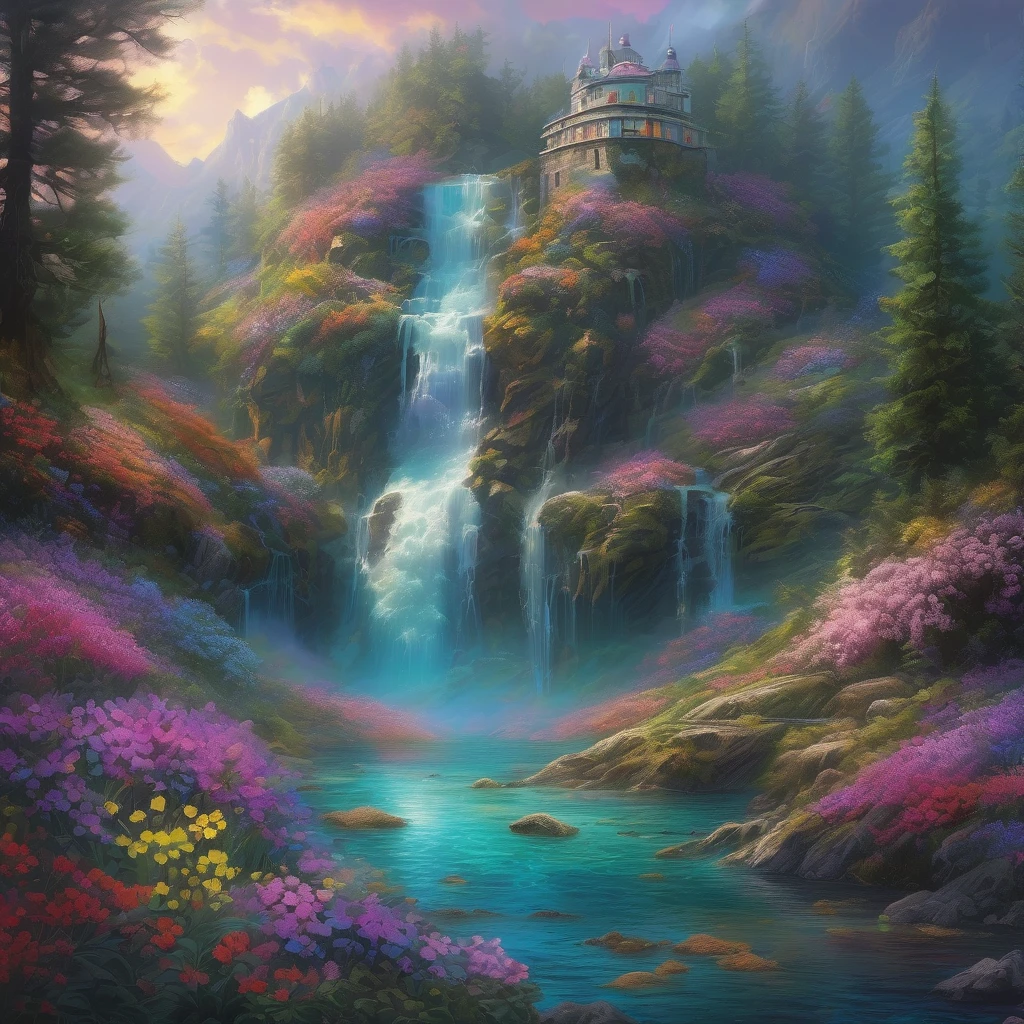 Waterfall, aesthetic, Gorgeous hyper-detailed Waterfall and Mountains with wildflower forest Castle - masterpiece creation by Amanda Sage, Pino Daeni, Wadim Kashin, Eldritch, photorealism, precisionism, hyperdetailed, beautiful, mysterious, hyperrealism, beautiful floating crystals, reflective rainbow colors, surrealism, incredibly detailed, iridescence, mystery, original, unusual, magical wisps