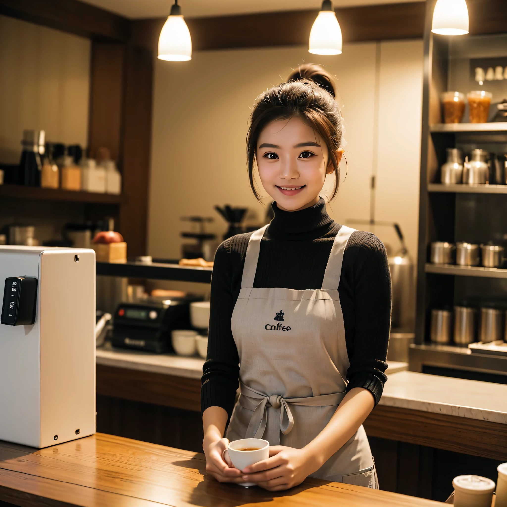 generate img
TYPE : Beauty Photography
THEME : Natural
RACE : Indonesian, young
PERSON 1 : Early 20s, woman
SCENE : indoor,in a coffee shop is mixing coffee , wearing turtleneck sweater and apron, smile, make, creating and beauty atmosphere, ponytail hair
PROPS: complete decoration of the coffee shop , apron
CAMERA : photographed using an Canon eos 90d DSLR camera with 18-135mm lens
, best preset lighting , skin texture , detailed face ,
ANGLE : High Dynamic Range (HDR) shot , rule of third