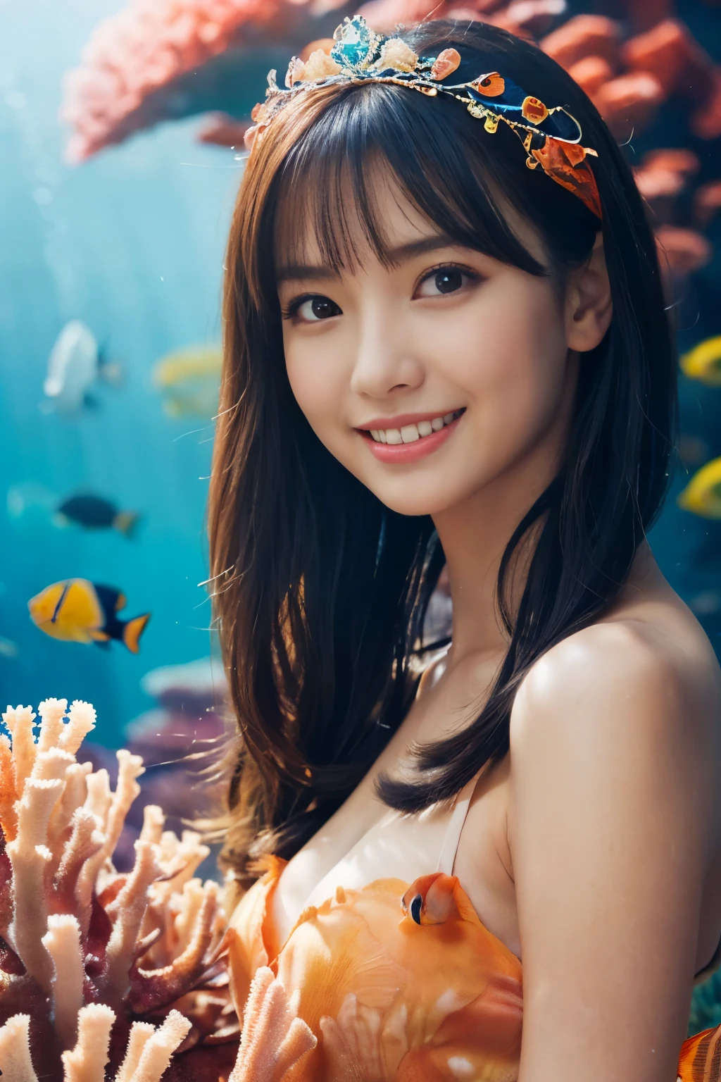 ((table top:1.4, highest quality)), (realistic pictures:1.4),
((1 girl)),
(超High resolution:1.2), very delicate and beautiful, wonderful, Highly detailed CG Unity 8k wallpaper, Super detailed, High resolution,
soft light, beautiful detailed girl, highly detailed eyes and face, beautifully detailed nose, beautiful and detailed eyes,
(princess of fairyland:1.3),
cinematic lighting, perfect anatomy, slender body, , (parted bangs),
(In the sea of coral reefs:1.3), (colorful tropical fish:1.3),
cowboy shot, looking at the viewer, smile