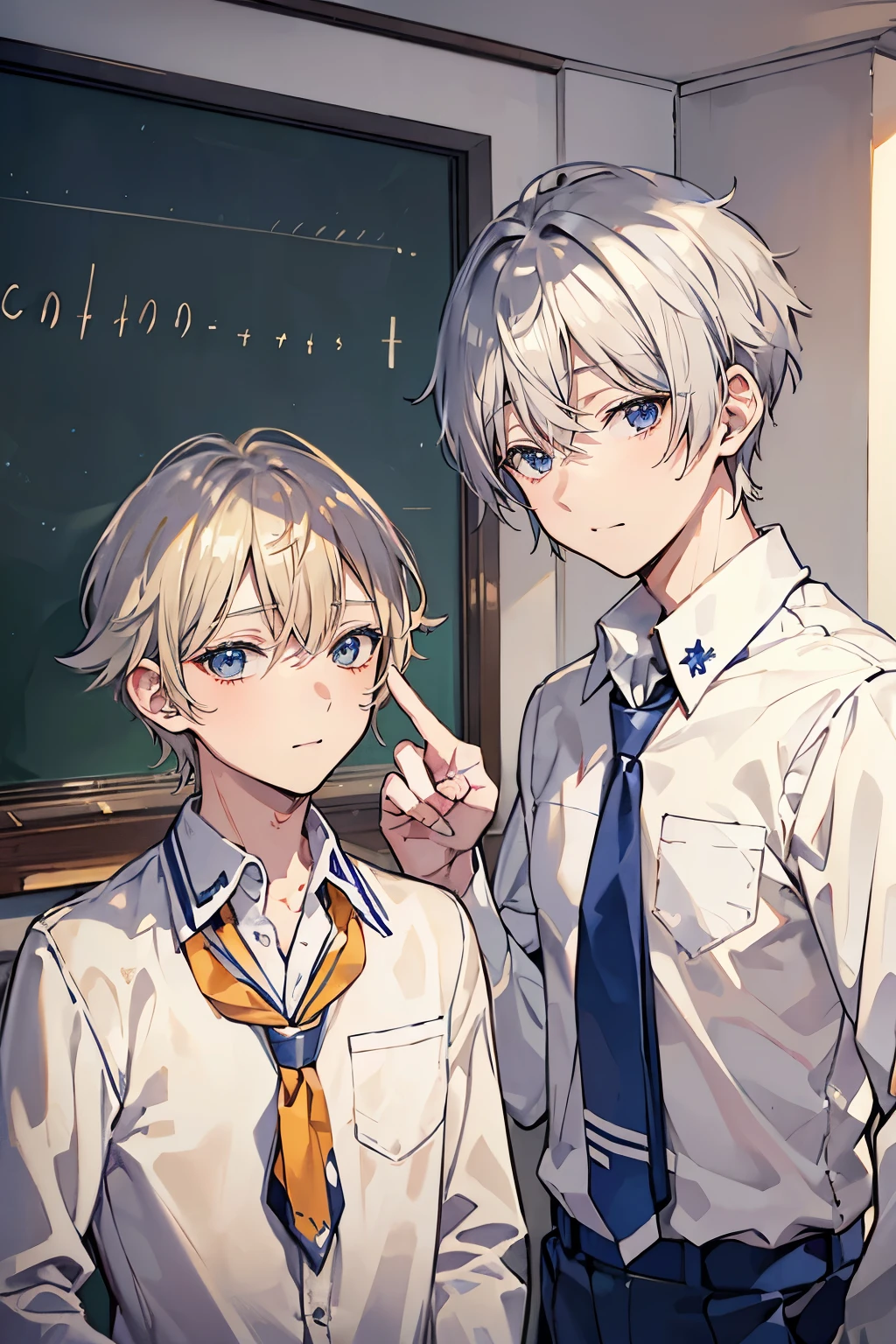 (muste piece), (best quality), very detailed, (((Two friendly high school boys:1.5))), perfect face, beautiful face, very detailed face,(short silver hair man:1.3),(blond short hair man:1.3),School,classroom,student uniform,tie,long sleeve shirt