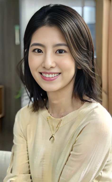 portrait, 8K, high quality, realistic photo images, 39 years old, japanese women, neat wife, small, housewife, Reproduces natural and realistic eyes, japanese stand, small, beautiful black hair, short hair, light makeup, octane rendering, beautiful lighting, golden ratio composition, smile, everyday clothes, casual clothes, natural background, blurred background, 4K, high quality, realistic photo images, japanese women, 37 years old, Pure Japan face, Beautiful wife, Upper body, small breasts, light makeup, No makeup, Neat beauty, mature woman, sober clothes, gray, beige, green, sober, casual clothes, smile, black hair, small black eyes, background blur