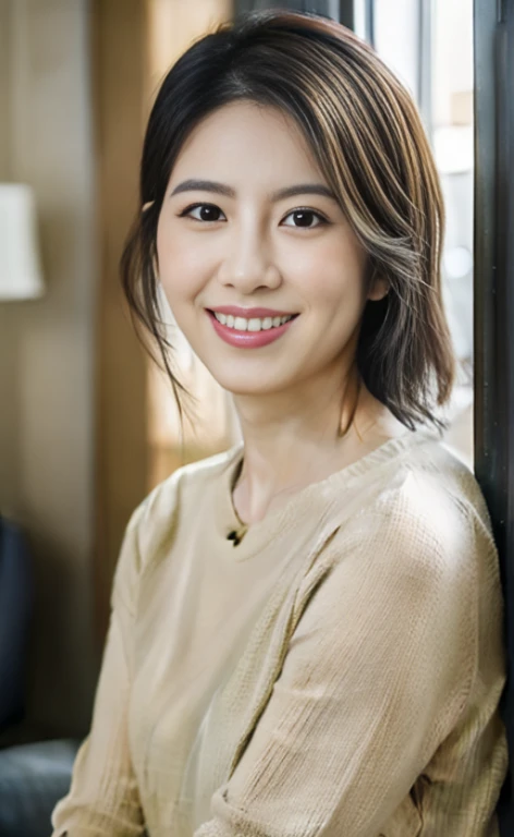 Portrait、8k、high quality、realistic photo images、24-years-old、japanese woman、neat wife、、housewife、Reproduces natural and realistic eyes、japanese stand、beautiful black hair、short hair、light makeup、octane rendering、beautiful lighting、composition of golden ratio、laughter、everyday wear、casual clothes、natural background、blurred background、High level image quality、Pure Japanese humanity、beautiful wife、Upper body、light makeup、No makeup、pure beauty、plain clothes、grey、beige、green、Plain color、casual clothes、slight smile、small black eyes、background bokeh