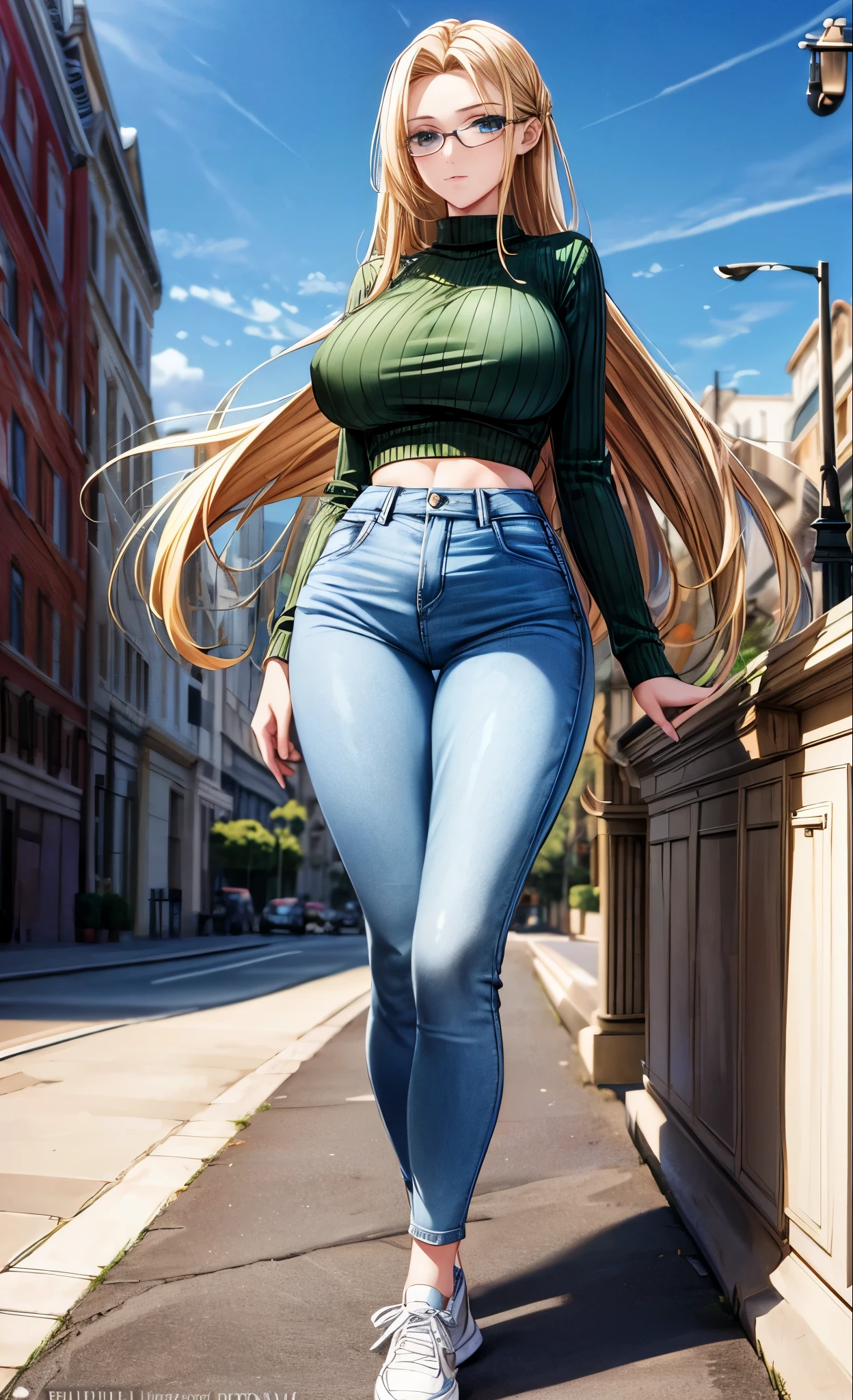 masterpiece, extremery magnificent view, anime style:1.2, perspective, extremery best quality, extremery detailed CG, 8k wallpaper, ultra high resolution, highly detailed face, highly detailed eyes, perfect anatomy, super detailed skin, not safe for work,
(dynamic angle, standing pose:1.2), outdoors, downtown, (legs focus, full body:1.3), (beautiful face, beautiful eyes, beautiful legs),
1girl, 20 year old, European, blonde hair, sleek hair, long blonde hair, forehead, blue eyes, reading glasses, large breast, hard nipples, (green sweater:1.2), half body cropping, cropped wide sleeves, skinny, skinny waist and thick hips, (blue skinny jeans pants), tight pants, (white sneakers)