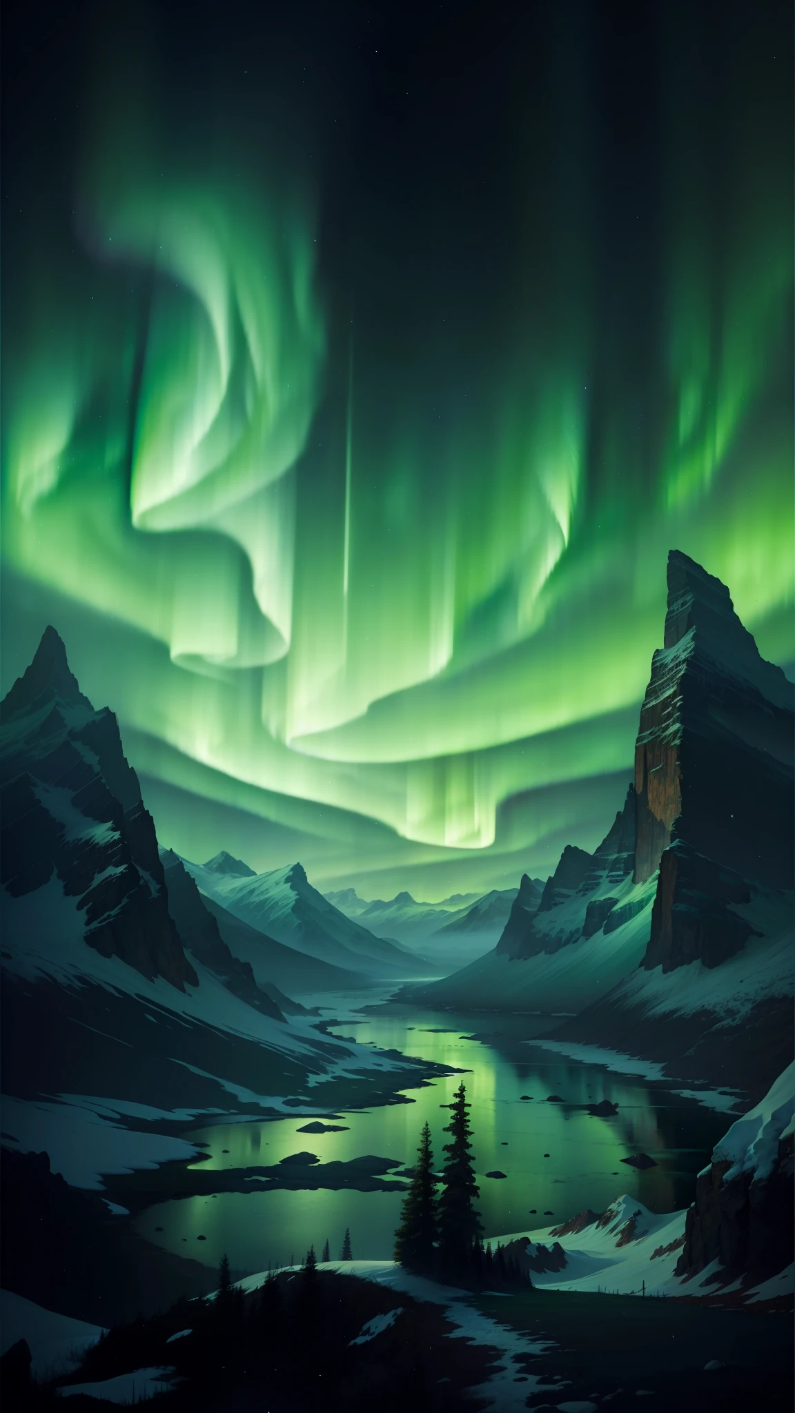 a painting of a green aurora bore over a snowy mountain range, amazing wallpaper, beautiful wallpaper, beautiful iphone wallpaper, phone wallpaper hd, hd phone wallpaper, background artwork, northern lights background, magnificent background, aurora borealis, wallpaper mobile, northern lights, phone wallpaper, aurora in the sky, mobile wallpaper, iphone wallpaper, iphone background, vertical wallpaper, phone background