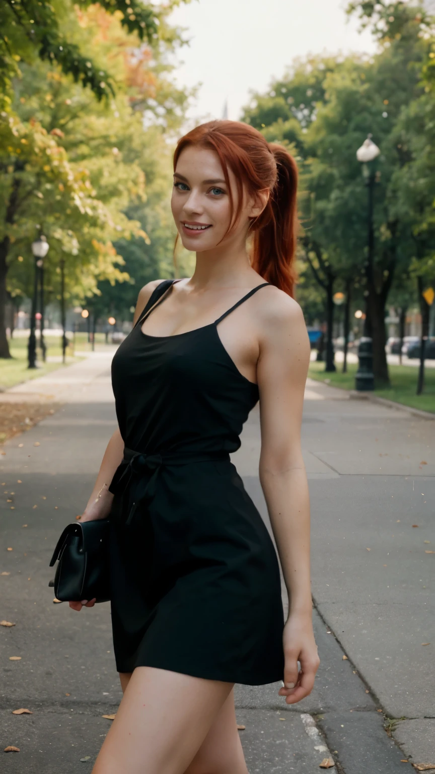 Young woman with red hair, green eyes, medium breasts, in a black dress, walking in the park, smiling, hair pulled back into a messy ponytail, most realistic skin texture, стиль raw, photo taken with Canon EOS 3 and Kodak Gold 400