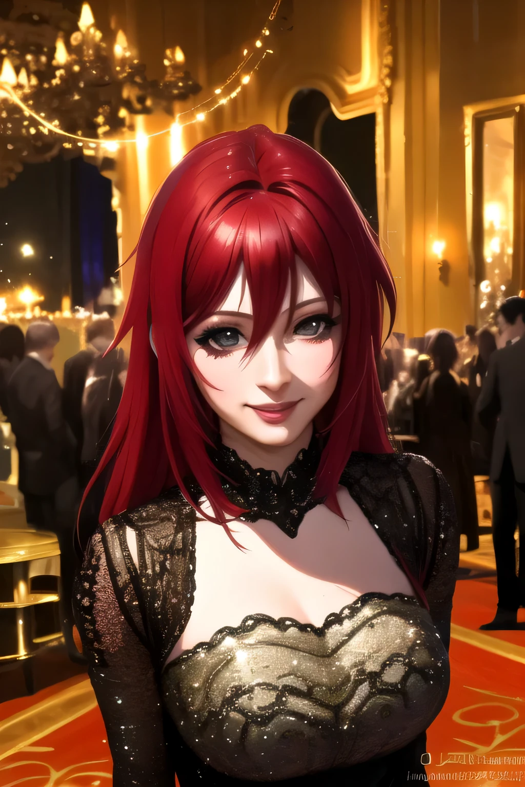 (best quality,8k,highres,masterpiece:1.2),ultra-detailed,(realistic,photorealistic,photo-realistic:1.37),Rias Gremory,ball,party,dress,eyes shining,detailed face,vivid colors,background with people,16k resolution,illustration,sparkling lights,celebration,dancing,beautifully decorated venue,warm atmosphere,lively music,dancing couples,enjoying drinks and conversations,confetti in the air,balloons in vibrant colors,glamorous outfits,exquisite ball gown and tuxedo,champagne glasses raised in toasts,laughter and smiles,energetic dance moves and twirls,people socializing and having fun,group photos and selfies,exquisite makeup and hairstyle,ornate chandeliers casting a soft glow,warm candlelight illuminating the scene,elegant and classy ambiance,excitement and joy filling the air,memorable and enchanting evening, black dress