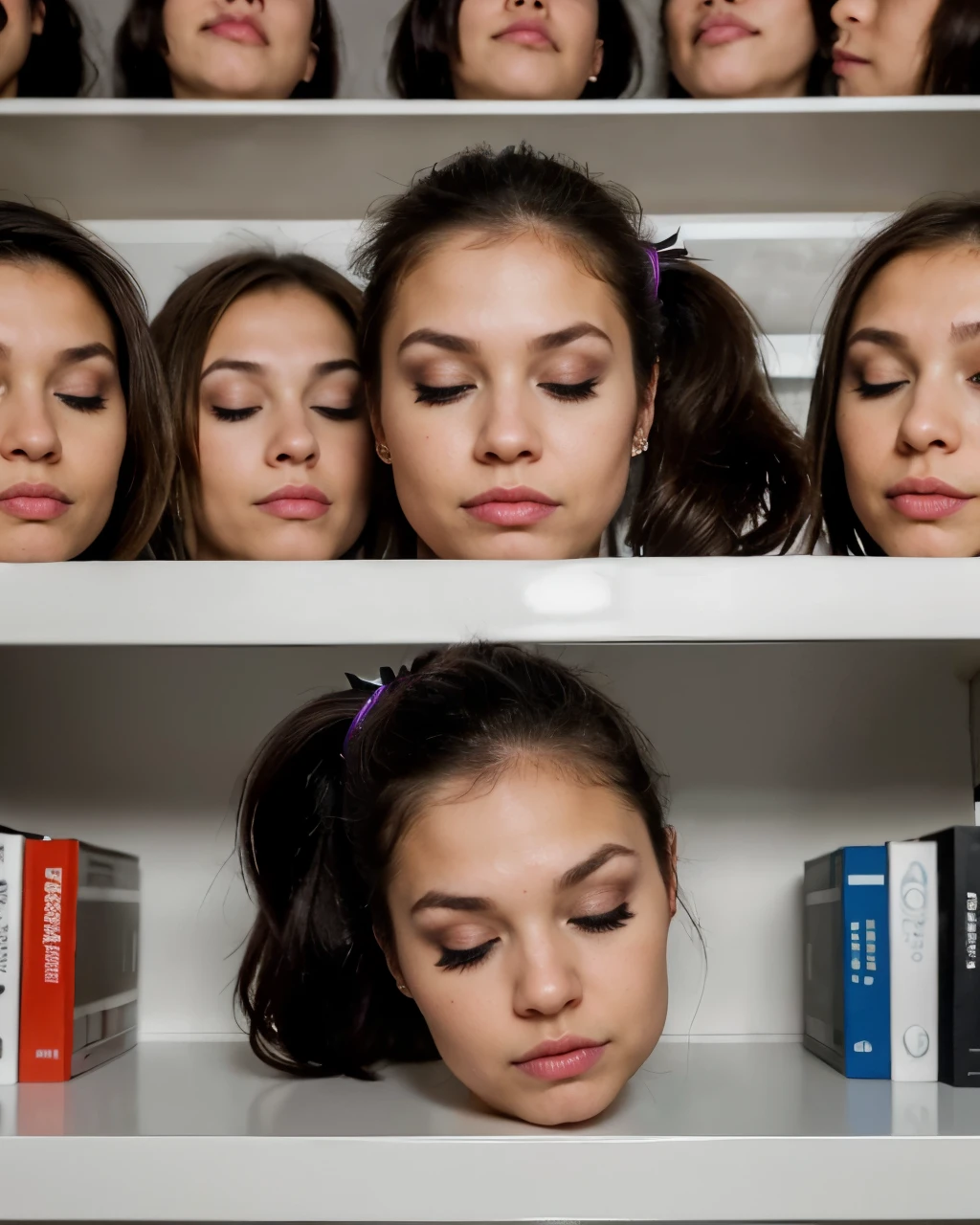 ((multiple disembodied heads on shelf)), Ashlynn Brooke, wearing makeup, detailed skin, dark hair in a ponytail, eyes closed, (realistic), realistic indoor lighting, (best image, best quality)