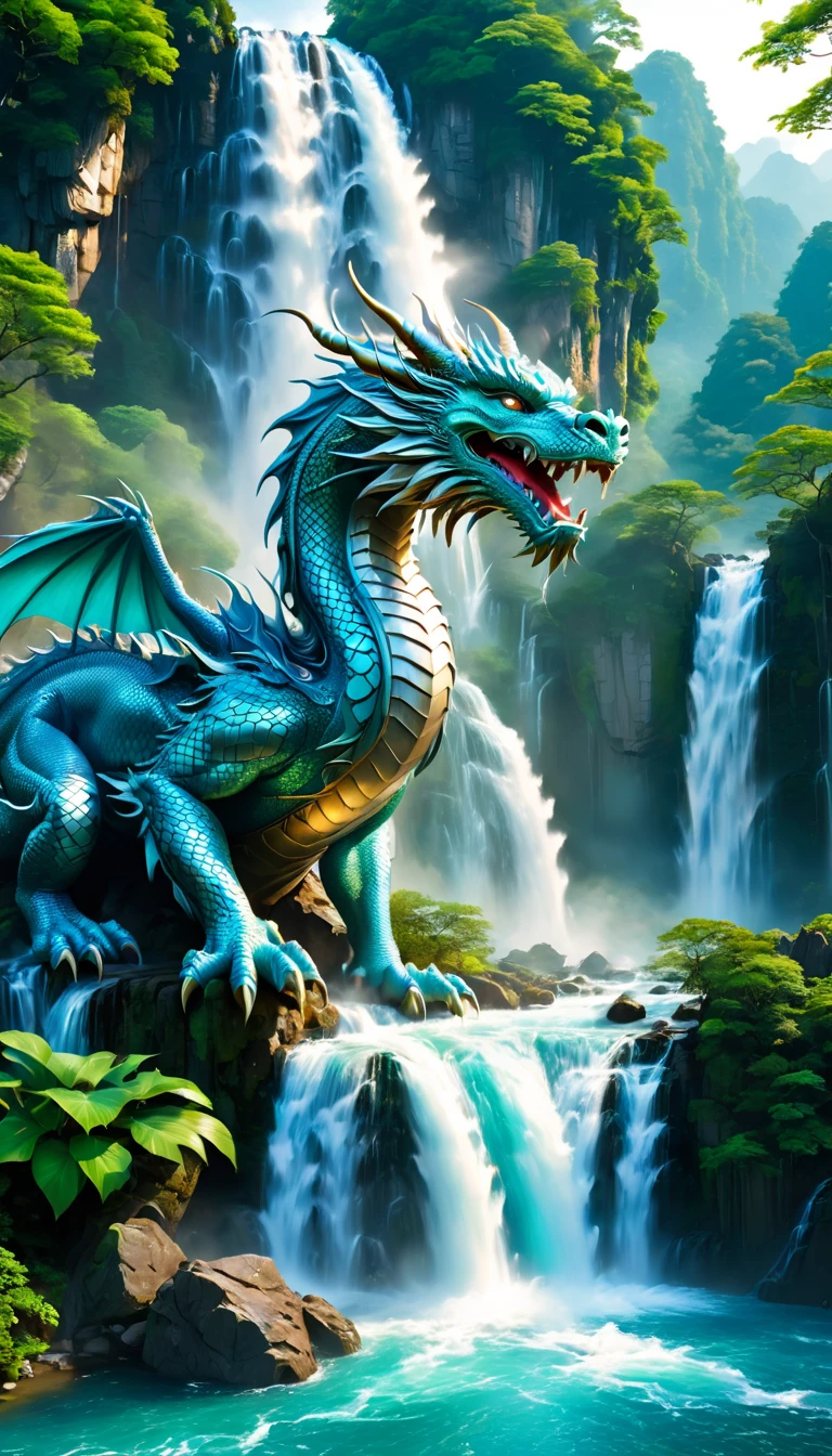 Draw a waterfall where the dragon god lives, the dragon god only showing his face from the waterfall basin, silver and turquoise dragon, huge waterfall, close-up of the waterfall, large waterfall, abundant amount of water, high waterfalls, dynamic, fantastic, beautiful views, lush, beautiful, hydrogen ion, light effect, highest quality, masterpiece, beautiful, water splash, pure water, sparkling, beautiful, fantasy, digital art, elements of japanese painting, ink painting elements