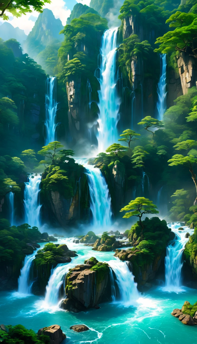 Draw a waterfall where the dragon god lives, the dragon god only showing his face from the waterfall basin, silver and turquoise dragon, huge waterfall, close-up of the waterfall, large waterfall, abundant amount of water, high waterfalls, dynamic, fantastic, beautiful views, lush, beautiful, hydrogen ion, light effect, highest quality, masterpiece, beautiful, water splash, pure water, sparkling, beautiful, fantasy, digital art, elements of japanese painting, ink painting elements