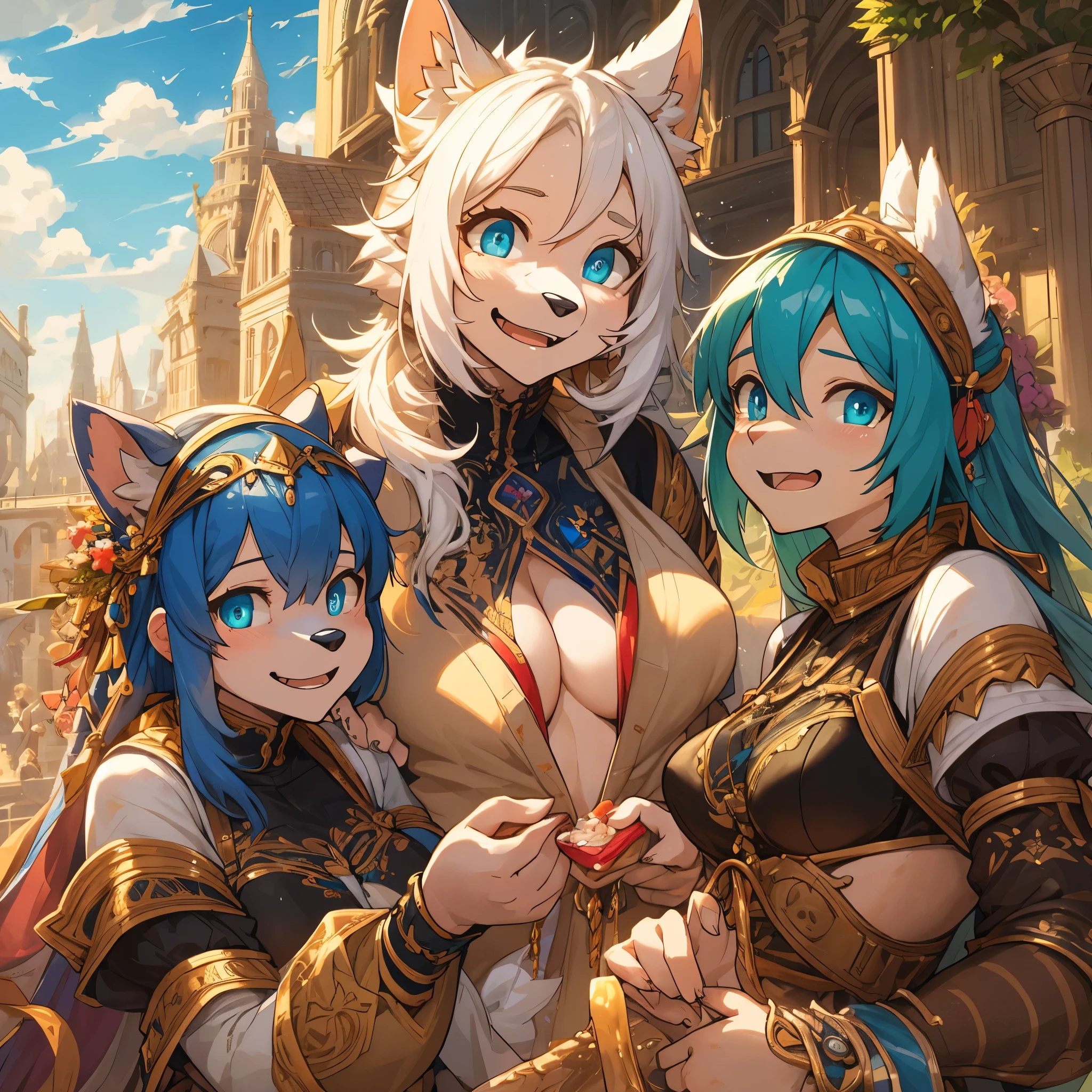 dynamic angle, top quality, best quality, High-quality illustrations, masterpiece, super high resolution, detailed background, detailed background, Romeo and Juliet, group shot:0.1, 6+boys, 6+girls, Happy, joyful, absurdres(highly detailed beautiful face and eyes)perfect anatomy(kemono, furry anthro),