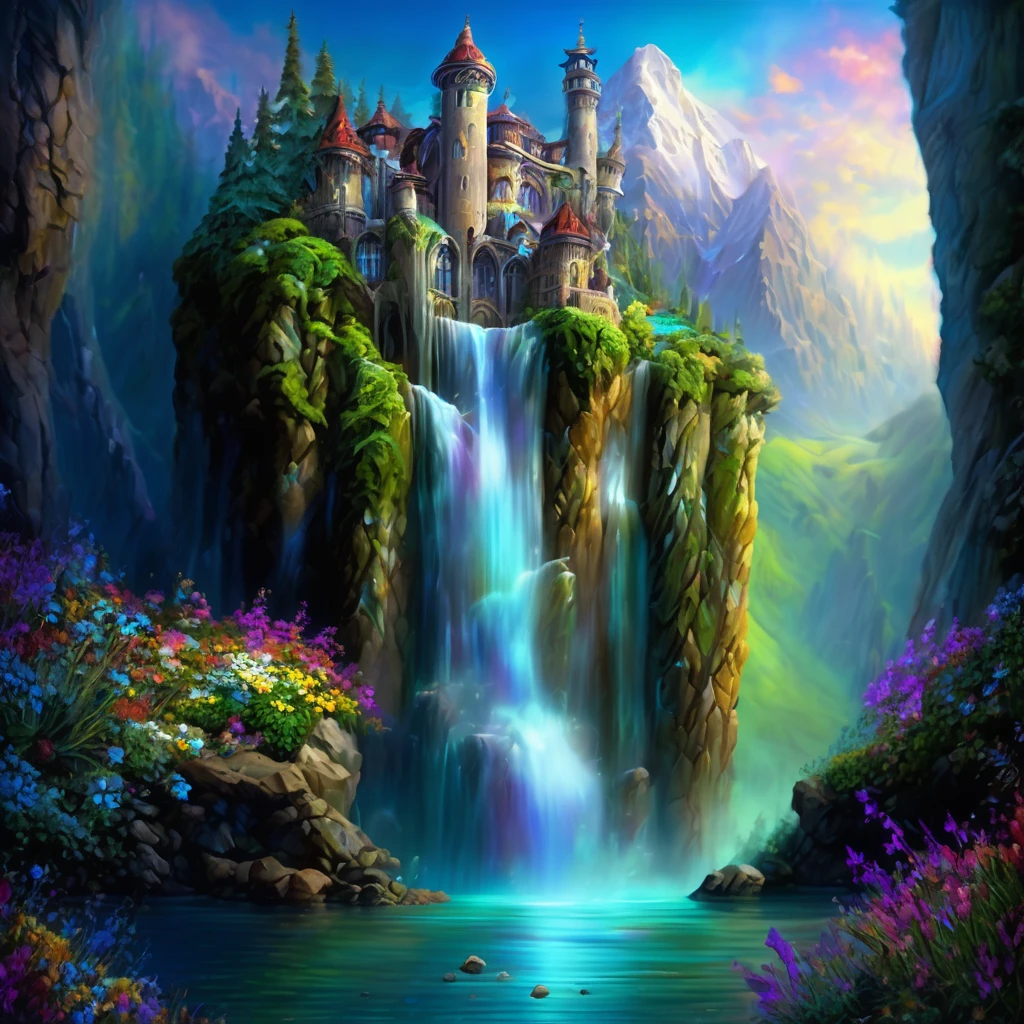 Waterfall, aesthetic, Gorgeous hyper-detailed Waterfall and Mountains with wildflower forest Castle - masterpiece creation by Amanda Sage, Pino Daeni, Wadim Kashin, Eldritch, photorealism, precisionism, hyperdetailed, beautiful, mysterious, hyperrealism, beautiful floating crystals, reflective rainbow colors, surrealism, incredibly detailed, iridescence, mystery, original, unusual, magical wisps