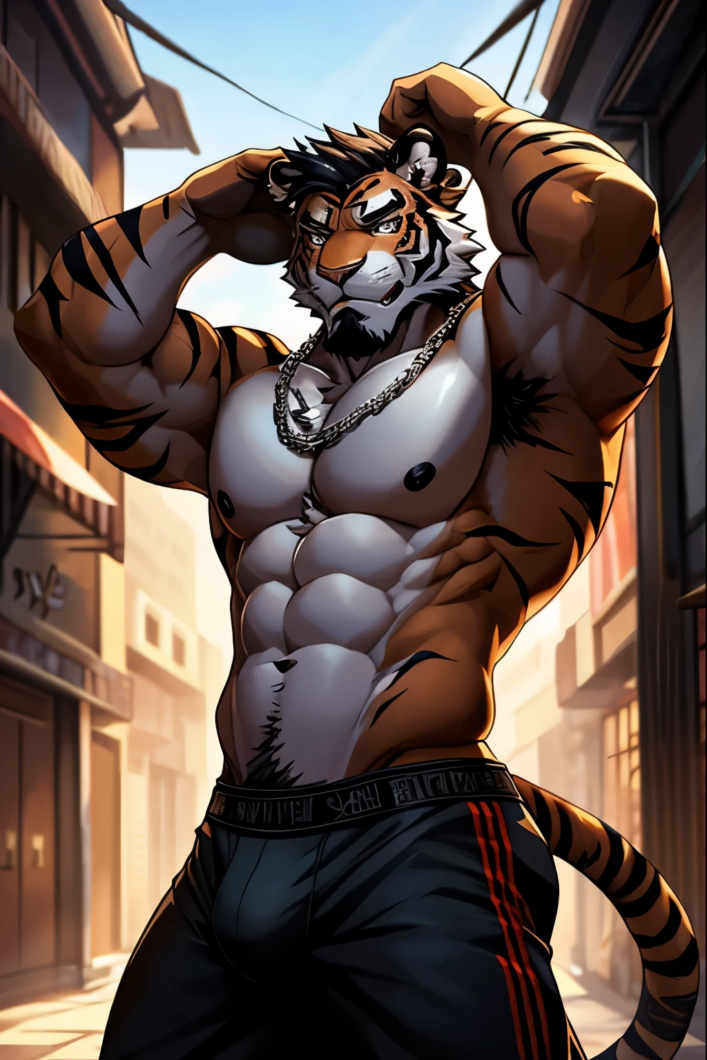 Masterpieces, furry, male, Anthropomorphic, tiger, veiny, athletic body, Delicate eyes, white goatee, glistening body, street thug, fighter, anime, depth of field, perfect lighting, (best quality),(masterpiece),(ultra detailed), sharp focus, detailed background, black boxer, crotch, shirtless, fierce look, soldier look, full body, six pack abs, black nipples, scars, black gloves, large chain necklace, hairy furry armpits, raise an arm pose, glossy skin
