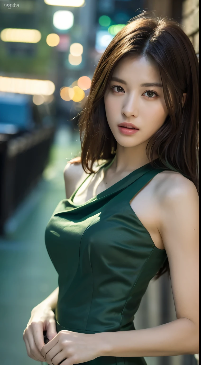 ((Realistic lighting, best quality, 8k, masterpiece: 1.3)), focus: 1.2, 1 girl, perfect body beautiful: 1.4, Slim abs: 1.1, ((Dark brown hair)), (Aqua green dress: 1.4), (outdoor, night: 1.1), city street, Super thin face, beautiful eyes, double eyelids,